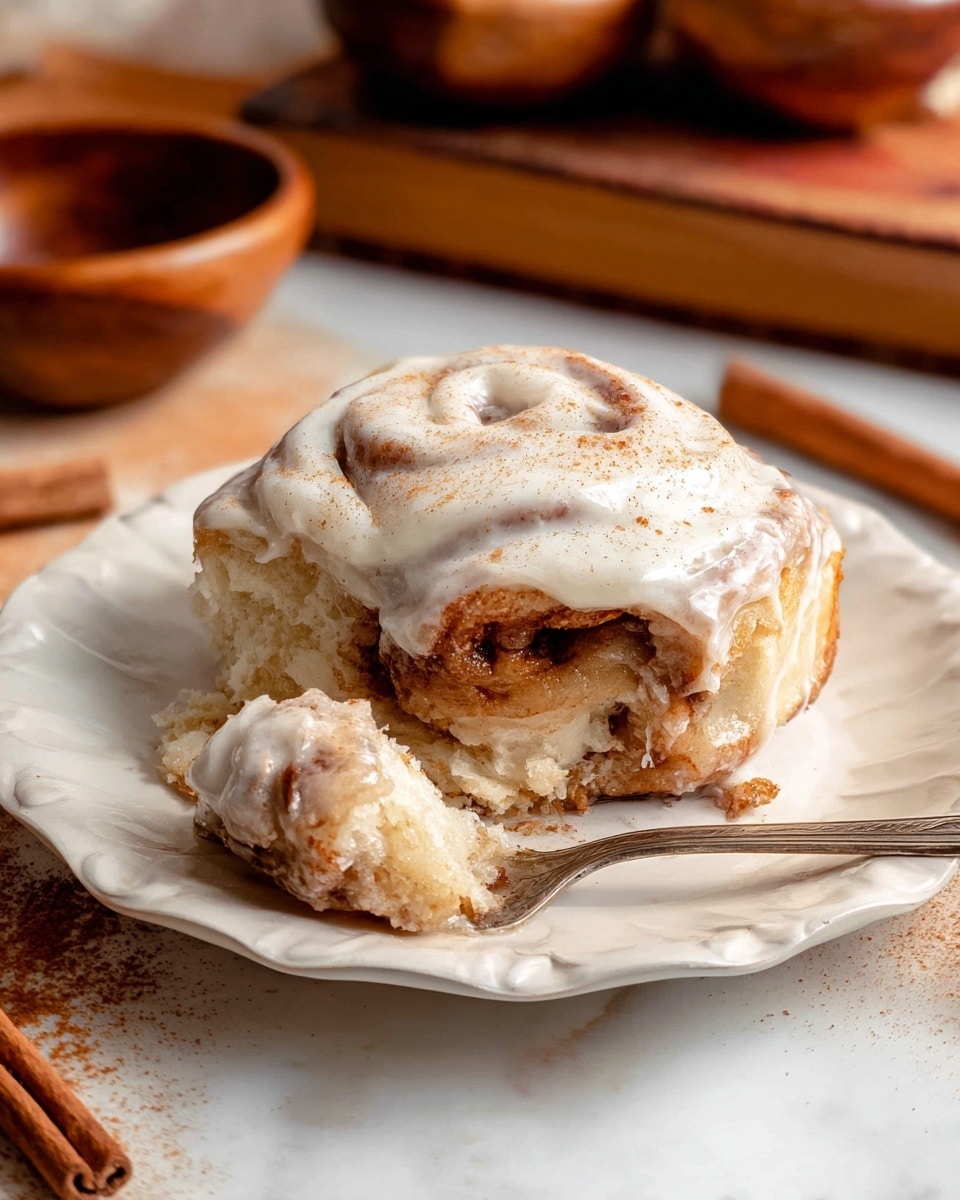 A soft, thick cinnamon roll sits on a white plate, its base showing a golden-brown dough swirled with darker cinnamon layers and a gooey caramel-like filling. The roll is generously topped with a creamy, white frosting that has a smooth texture with slight specks of cinnamon visible. A piece has been cut and is held by a white fork, showing the moist, layered inside with a mix of light dough and rich cinnamon filling. The scene includes cinnamon sticks and a wooden bowl in the background, set on a white marbled texture. photo taken with an iphone --ar 4:5 --v 7