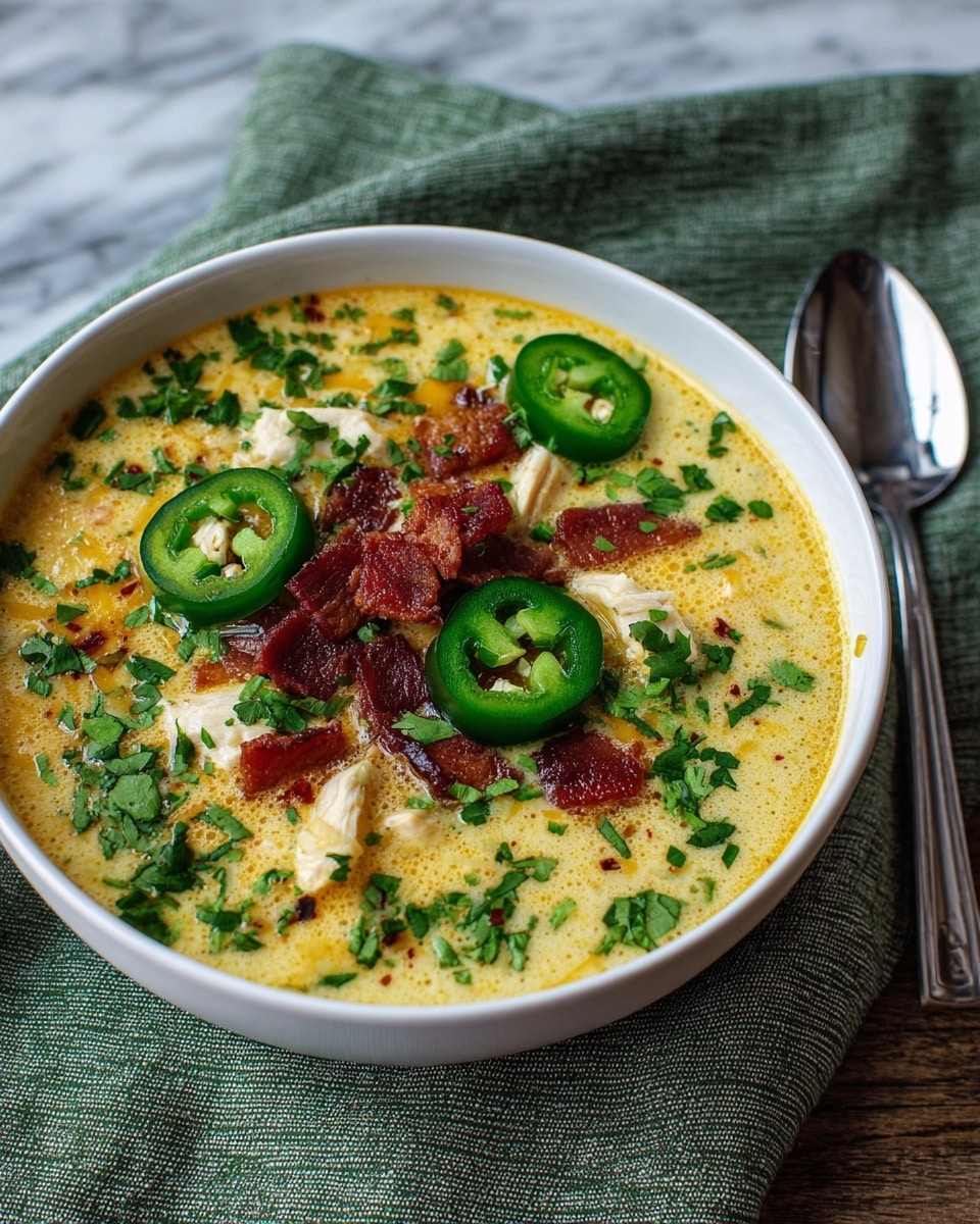 A white bowl filled with creamy soup that has a light yellow base with bits of black pepper and herbs. Large pieces of white chicken are visible throughout, topped with small crunchy red bacon bits in the center. Bright green jalapeño slices are spread on top along with chopped fresh green herbs scattered evenly. The bowl sits on a folded green and gray striped cloth on a white marbled surface. A shining silver spoon rests beside the bowl. Photo taken with an iphone --ar 4:5 --v 7