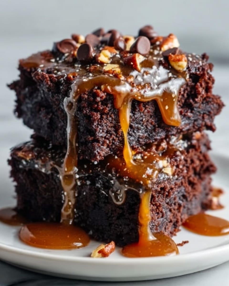 Two thick, rich chocolate brownies are stacked on a white plate, one on top of the other. The brownies are dark brown with a moist, crumbly texture full of small nuts inside. On top, shiny caramel sauce slowly drips down, adding a smooth, glossy golden-brown layer that contrasts with the rough surface of the brownies. A few whole nuts are scattered on the plate around the brownies, enhancing the nutty look. The background is a white marbled texture. photo taken with an iphone --ar 4:5 --v 7