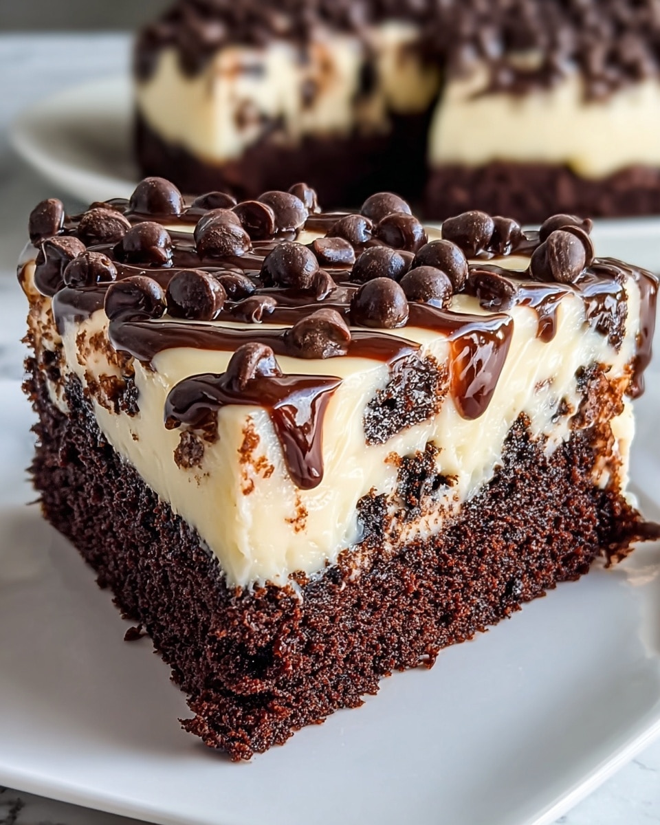 A rich chocolate cake slice with two visible layers sits on a white plate over a white marbled surface. The bottom layer is a thick, moist, dark brown chocolate cake with a soft and slightly crumbly texture. Above it is a smooth, creamy white layer with small dark chocolate chunks embedded inside. The top is decorated with numerous glossy dark chocolate chips scattered evenly and drizzled with thin lines of shiny dark chocolate sauce. The edges of the cake are clean, and the whole piece looks moist and decadent. Photo taken with an iphone --ar 4:5 --v 7