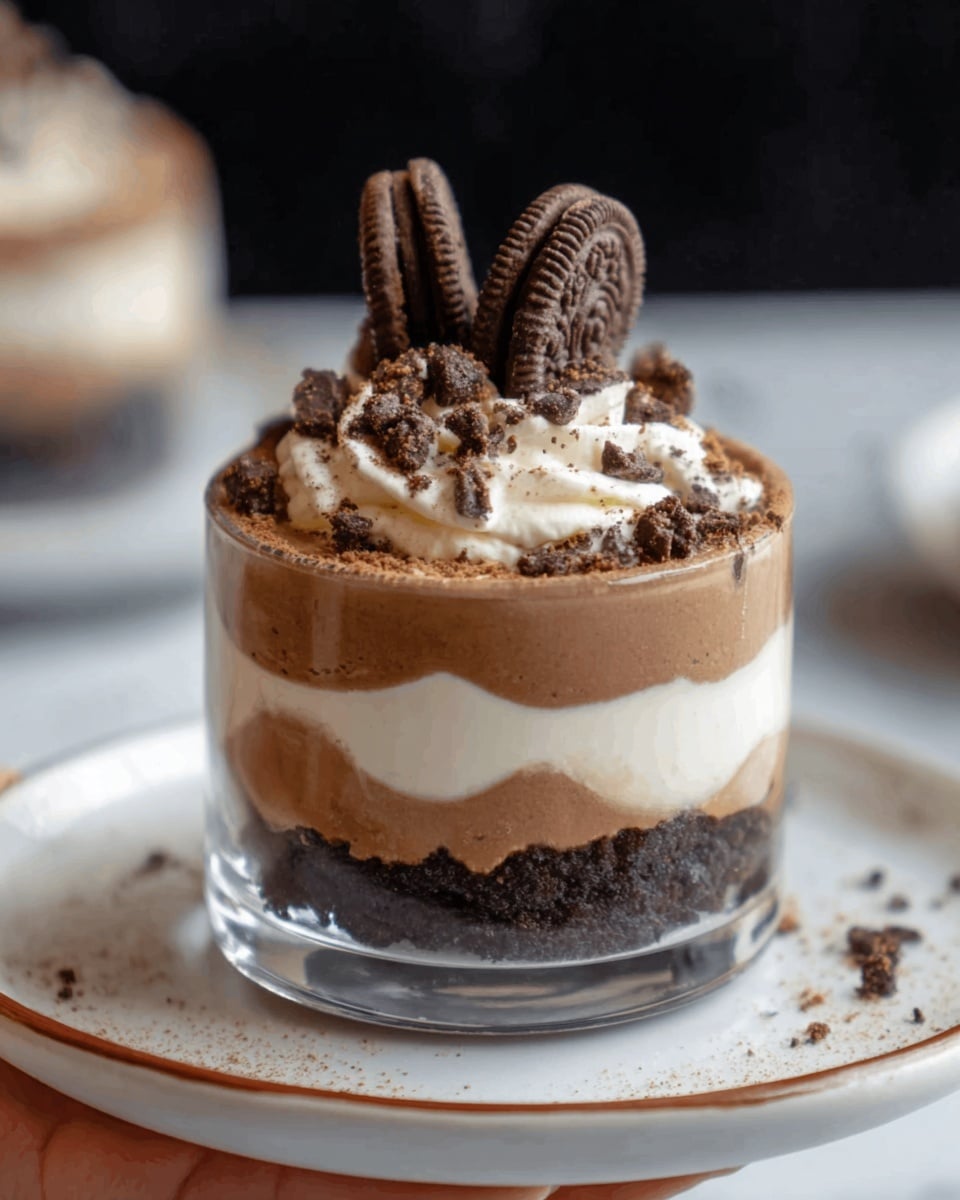 The image shows a clear glass cup with four distinct layers of a dessert. The bottom layer is dark and crumbly, made of crushed chocolate cookies. Above this is a thick, smooth dark brown layer of chocolate cream. Next is a lighter brown layer with a soft texture, likely another type of chocolate mousse. The top layer is white cream, decorated with small pieces of crushed chocolate cookies and three mini Oreo cookies, two of which stand upright and one lying flat. The cup sits on a white plate with a thin gold rim, all placed on a white marbled surface. Photo taken with an iphone --ar 4:5 --v 7