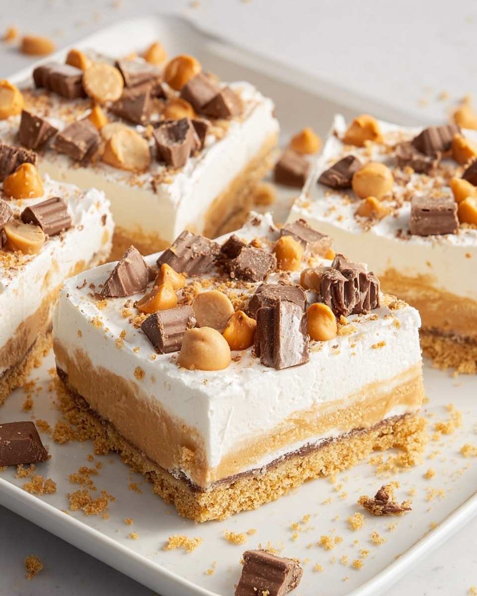 The dessert is cut into square slices, placed on a white surface with crumbs around. It has four layers: the bottom layer is a crumbly, light brown crust, above it is a thick creamy white layer, then a smooth caramel-colored layer, and the top layer is a fluffy white cream. The top is decorated with scattered orange butterscotch chips and broken pieces of chocolate-covered peanut candy, adding contrast and texture to the smooth white cream. photo taken with an iphone --ar 4:5 --v 7