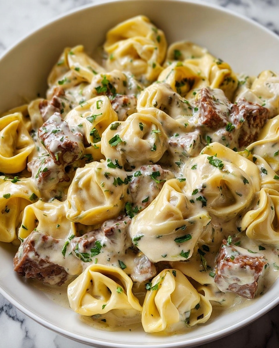 A close-up view of a white bowl filled with creamy tortellini pasta mixed with pieces of cooked beef. The tortellini is pale yellow with a smooth and soft texture, folded into ring shapes. The beef chunks are brown and tender, scattered evenly among the pasta. The dish is covered in a thick, light beige creamy sauce with specks of black pepper and herbs. Small green parsley leaves are sprinkled on top, adding a fresh contrast to the creamy sauce and pasta. The bowl sits on a white marbled surface. photo taken with an iphone --ar 4:5 --v 7