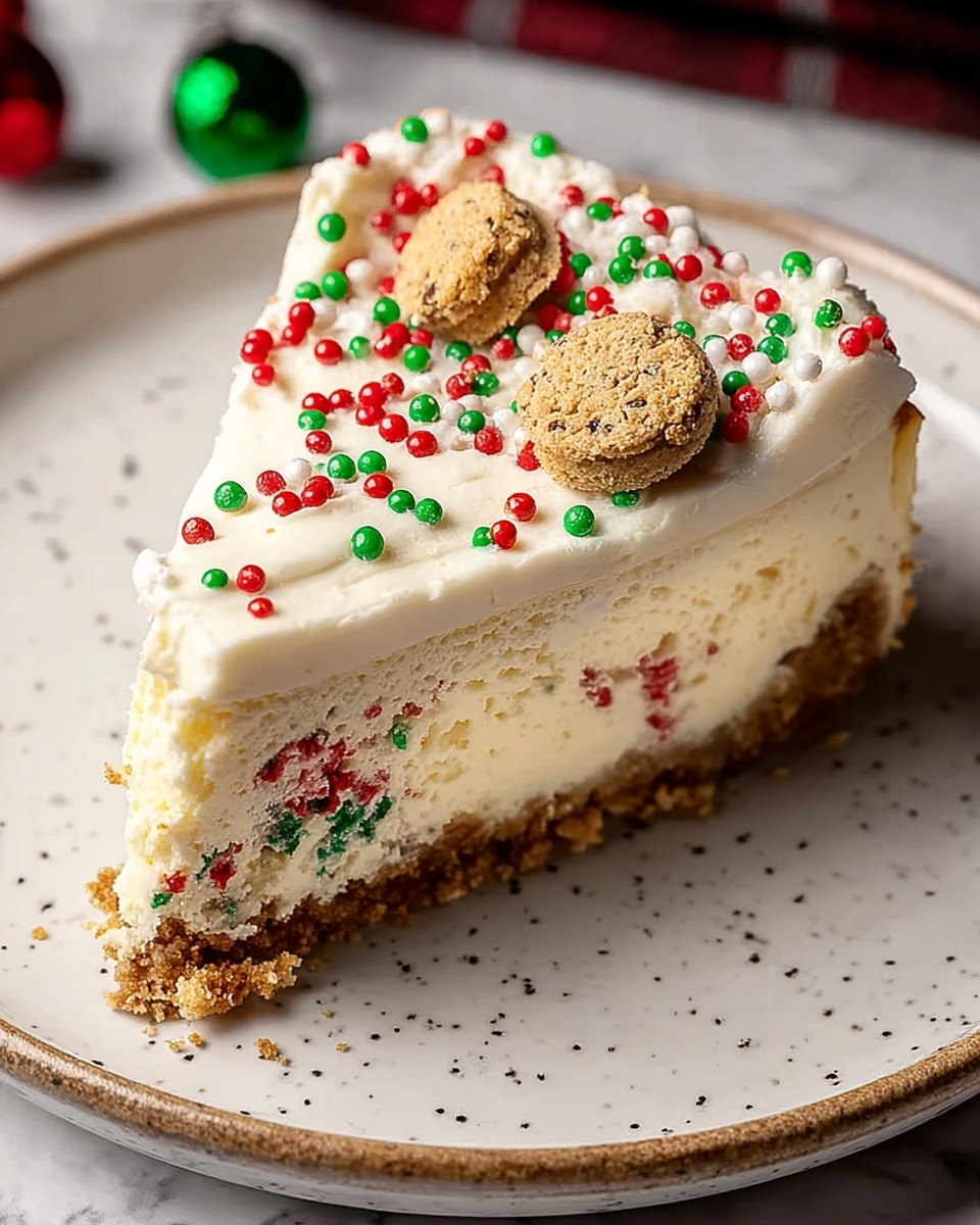 A single slice of cheesecake sits on a white speckled plate with a crumbly brown crust at the bottom, supporting a thick creamy pale yellow layer of cheesecake in the middle. The top layer is a smooth, slightly glossy light yellow frosting sprinkled densely with small red, white, and green round sprinkles. Within the cheesecake layer, there are small colorful bits and two small cookie dough pieces visible near the top. The plate is placed on a dark wooden surface with a white marbled texture background. photo taken with an iphone --ar 4:5 --v 7