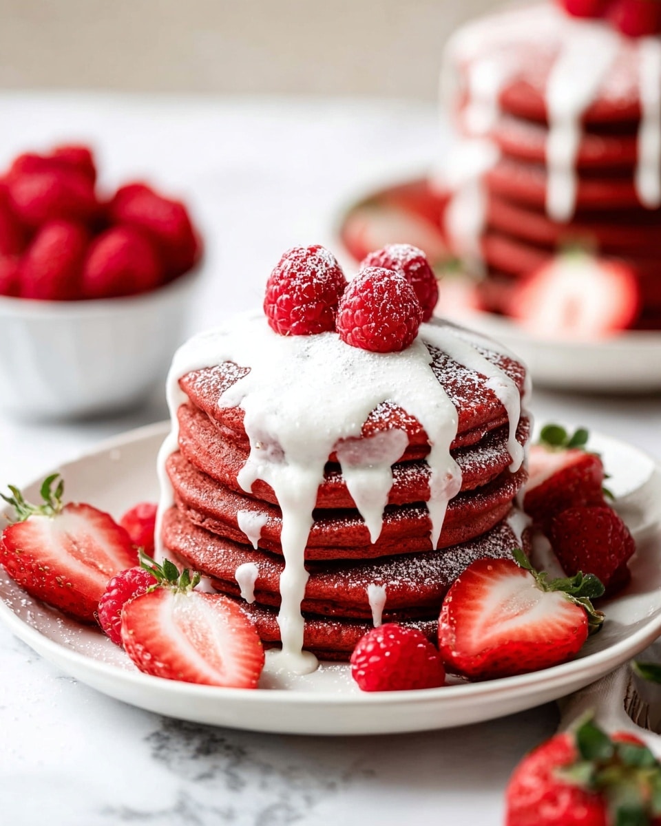 A stack of four thick red pancakes sits on a white plate, each pancake evenly layered with a smooth texture. White icing is generously drizzled in thin vertical lines over the top and sides of the stack, pooling slightly on the plate. Three bright red raspberries rest on the top pancake, adding a fresh touch. Around the plate's base, halved strawberries and whole raspberries are scattered, with light powdered sugar dusted over the entire scene. The background shows a white marbled surface with another stack of similarly drizzled red pancakes and small bowls of raspberries and strawberries in soft focus. photo taken with an iphone --ar 4:5 --v 7