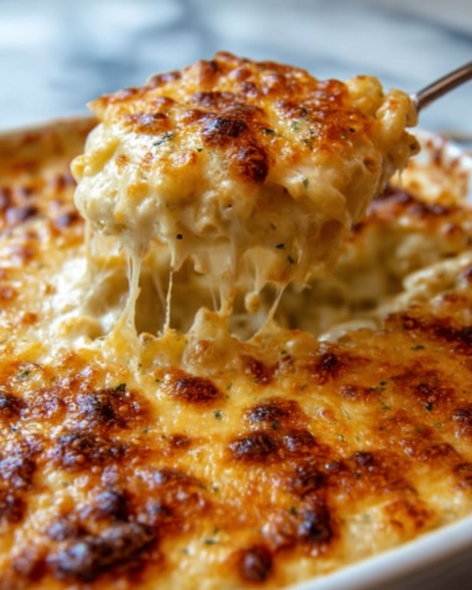 A close-up image shows a cheesy baked dish with a golden brown top layer that is bubbly and slightly crispy. The top layer of melted cheese stretches in gooey strings as a piece is lifted, revealing a creamy, soft layer underneath that looks smooth and rich. The dish appears to be in a white baking dish placed on a white marbled surface. Photo taken with an iphone --ar 4:5 --v 7