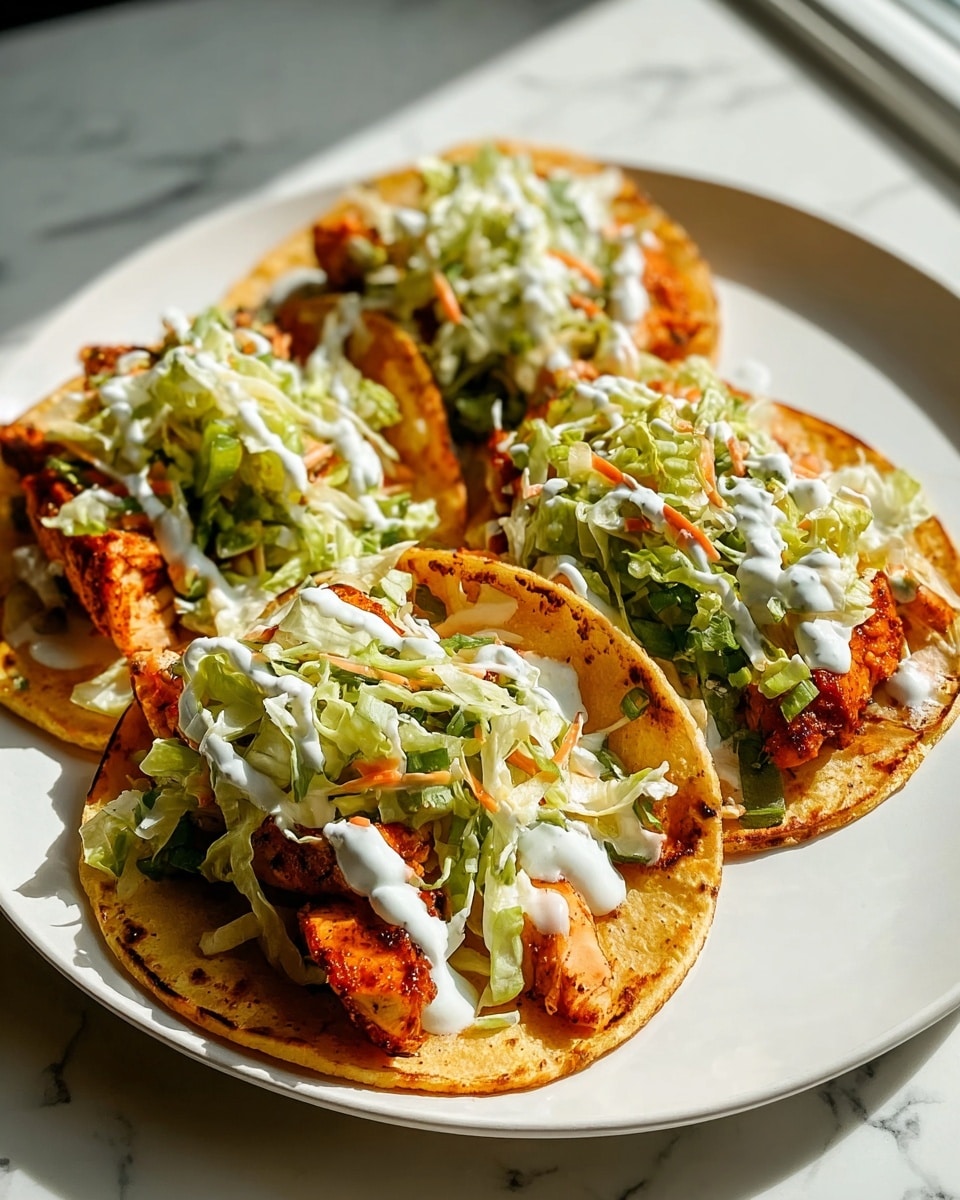 Three tacos are arranged in a row on a white oval plate placed on a white marbled surface. Each taco has a warm golden-brown toasted tortilla as the base, topped with grilled pieces of orange-colored chicken. Above the chicken, there is a layer of finely shredded light green lettuce mixed with some small bits of orange carrot. The tacos are finished with a drizzle of white creamy sauce spread evenly over the top. Photo taken with an iphone --ar 4:5 --v 7