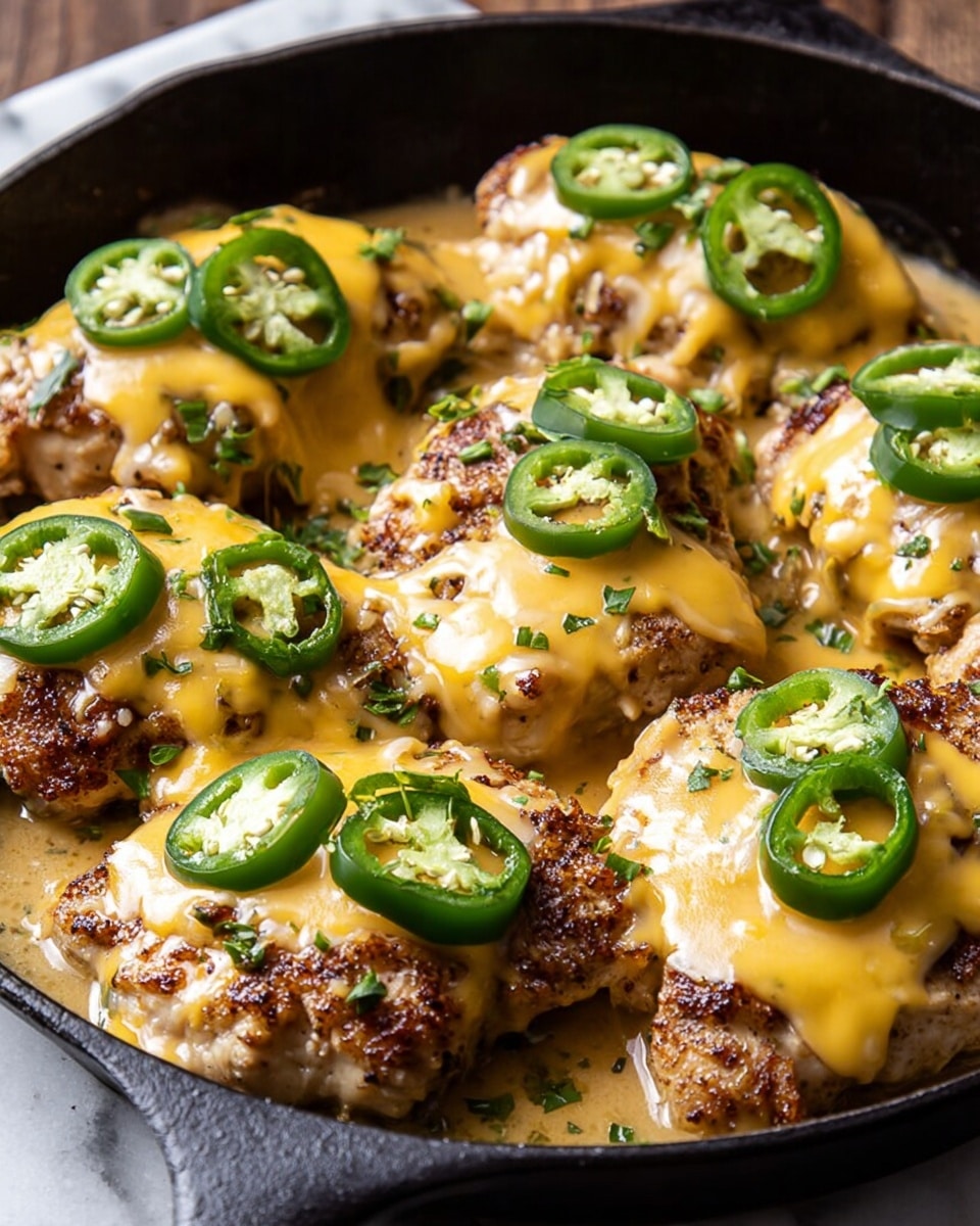This image shows six pieces of golden-brown grilled chicken breasts in a black pan, each topped with a smooth, creamy yellow cheese sauce that slightly melts over the edges. Bright green sliced jalapeños are scattered on top of the cheese and chicken, adding a fresh pop of color, along with small bits of chopped green herbs sprinkled across the dish. The chicken lies close together, filling the pan which is placed on a white marbled textured surface, and the textures of the golden chicken, melted cheese, and fresh jalapeños combine to create a rich, savory look. Photo taken with an iphone --ar 4:5 --v 7
