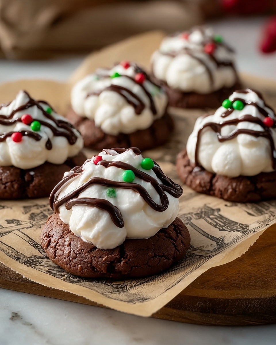 Five chocolate cookies with a soft, cracked texture sit on a piece of parchment with old-style black drawings, placed on a white marbled surface. Each cookie has a thick, swirled layer of white frosting on top, with smooth, shiny chocolate drizzle applied in curved lines over the frosting. Small red and green round sprinkles are scattered over each frosting layer, adding a festive touch. The cookies are arranged in a loose cluster, with soft, warm lighting highlighting their rich colors and textures. Photo taken with an iphone --ar 4:5 --v 7