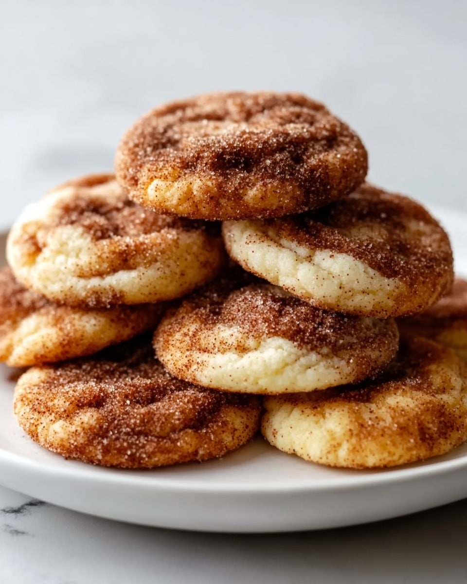 A white plate holds a pile of soft, round cookies that have a light golden-brown color with darker brown cinnamon sugar swirls on top. The cookies look fluffy and slightly gooey with visible swirled layers combining light dough and cinnamon sugar. The texture on top is crumbly with a sugar dusting, and the cookies are closely stacked, showing their thick, soft edges. The background is a white marbled surface. Photo taken with an iphone --ar 4:5 --v 7