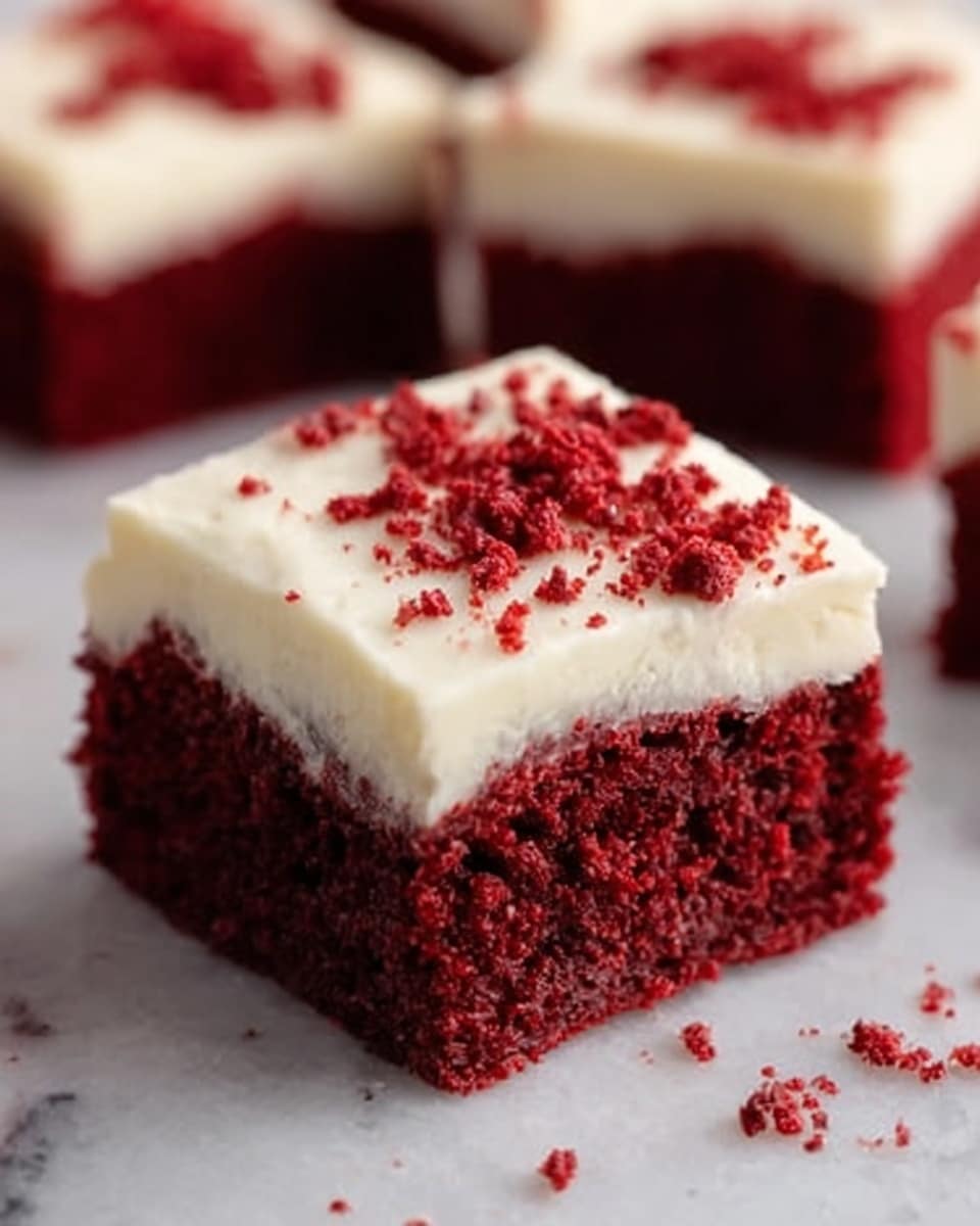 The image shows a close-up of a single square piece of red velvet cake placed on a white marbled surface, with other similar pieces blurred in the background. The cake has two main layers: a thick, moist, deep red layer at the bottom with a soft and crumbly texture, topped by a smooth, creamy, off-white frosting layer. Some red crumbs are sprinkled on top of the frosting, adding a bit of color contrast. The edges of the cake are clean and sharp, showing a clear difference between the red layer and the frosting. photo taken with an iphone --ar 4:5 --v 7