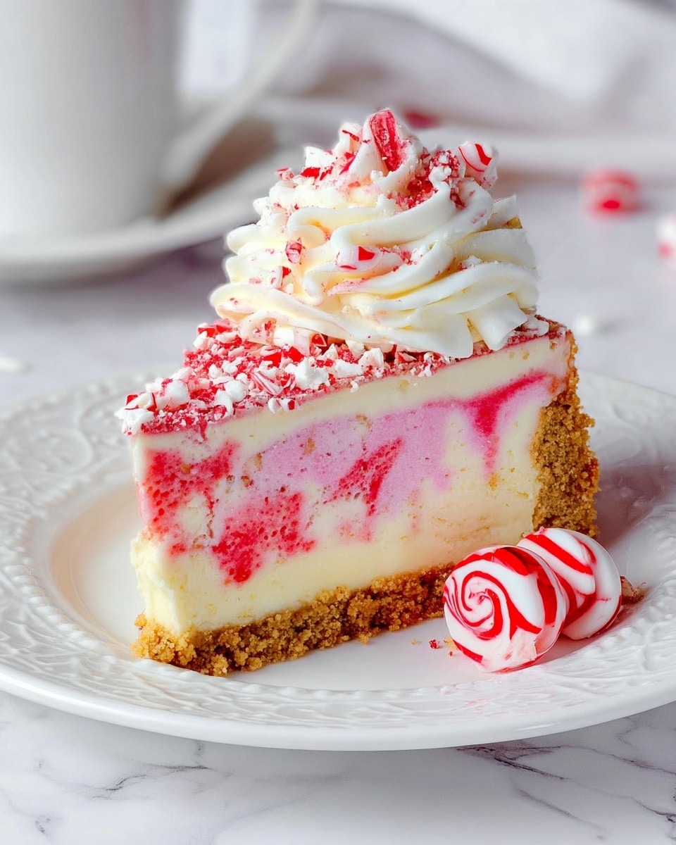 A slice of cheesecake sits on a white plate with a textured edge, placed on a white marbled surface. The bottom layer is a thick, golden-brown crumb crust. Above it is a creamy white cheesecake layer blended with a bright red and pink swirled topping that looks smooth and slightly glossy. On top of the cake is a swirl of white whipped cream sprinkled with crushed white and red candy pieces. A white and red striped chocolate kiss sits on the whipped cream, with another one resting on the plate nearby. The overall look is colorful with red and white tones, showing a mix of creamy and crumbly textures. photo taken with an iphone --ar 4:5 --v 7