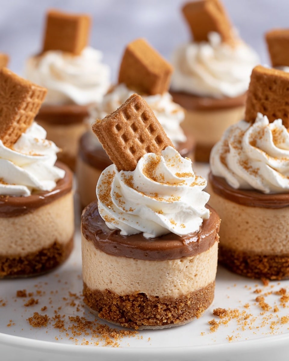 The image shows small cheesecake desserts on a white rectangular plate over a white marbled surface. Each cheesecake has three main layers: a crumbly brown base, a thick light brown creamy middle layer, and a smooth caramel-colored topping. On top of each cake, there is a swirl of white whipped cream with bits of crumb sprinkled over it. A rectangular brown cookie is placed in the whipped cream at an angle, adding texture and height. The plate has crumbs scattered around the cheesecakes for a natural, homemade look. Photo taken with an iphone --ar 4:5 --v 7