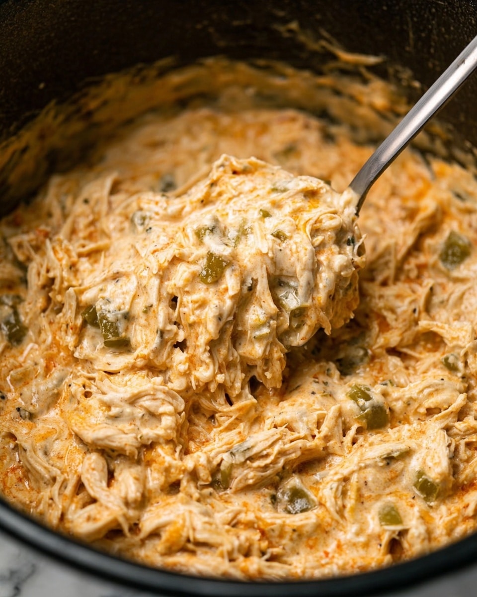 A close-up view of a creamy shredded chicken dish in a black pot, with a silver spoon lifting a portion from the center. The mixture contains layers of white shredded chicken, light orange melted cheese, and small green pieces mixed evenly throughout. The texture looks soft and rich with a slightly glossy finish, showing some stringy chicken bits and melted cheese strands. The black pot rim is visible around the edges, contrasting with the creamy colors inside. photo taken with an iphone --ar 4:5 --v 7