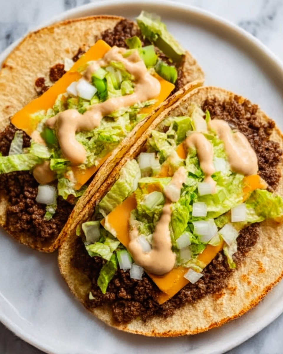 The image shows a close-up of three small tacos placed in a white bowl on a white marbled surface. Each taco has a soft, slightly toasted yellow corn tortilla base layered with crumbled cooked ground beef that looks moist and dark brown. On top of the beef, there is a bright orange slice of melted cheddar cheese, followed by a layer of fresh shredded light green lettuce and small white diced onions. The tacos are finished with a light brown creamy sauce drizzled in a zigzag pattern across the top. Photo taken with an iphone --ar 4:5 --v 7