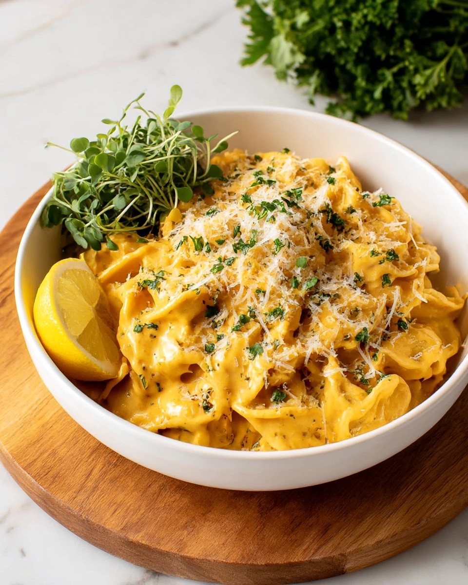A white bowl sits on a round wooden board with creamy orange pasta inside, the pasta noodles are flat and coated evenly with a smooth sauce, topped with finely chopped green herbs and a sprinkle of grated cheese that adds a light texture contrast. On the left side of the bowl, there’s a small bunch of fresh green leafy sprouts and a bright lemon wedge rests behind them, adding a pop of yellow. The background and surface show a clean white marbled texture, and some parsley greens are blurry in the back. photo taken with an iphone --ar 4:5 --v 7