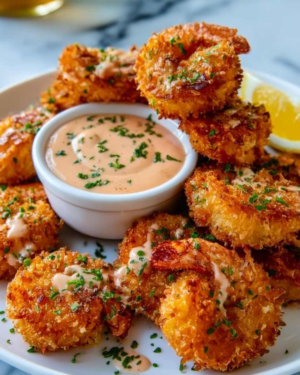The image shows a close-up of several golden-brown, crispy fried balls stacked on a white plate, each topped with a smooth, creamy light pink sauce and sprinkled with chopped green herbs. The balls have a crunchy texture with small, uneven pieces on the surface. In the center of the plate, there is a small white bowl filled with the same pink sauce. The background is a white marbled texture. Photo taken with an iphone --ar 4:5 --v 7