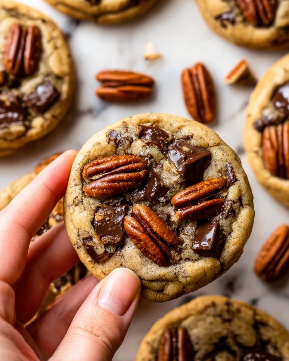 The image shows a close-up of several round, soft chocolate chip cookies with pecan nuts on top, all resting on a white marbled surface. Each cookie has a golden-brown color with dark, melted chocolate chunks and whole shiny pecan halves visible on the surface, giving a mix of smooth and crunchy textures. A woman's hand is gently holding one cookie from the right side, showing the cookie’s thickness and gooey chocolate pieces inside. The cookies have an uneven but natural shape, and the lighting highlights their warm, fresh-baked look. Photo taken with an iphone --ar 4:5 --v 7