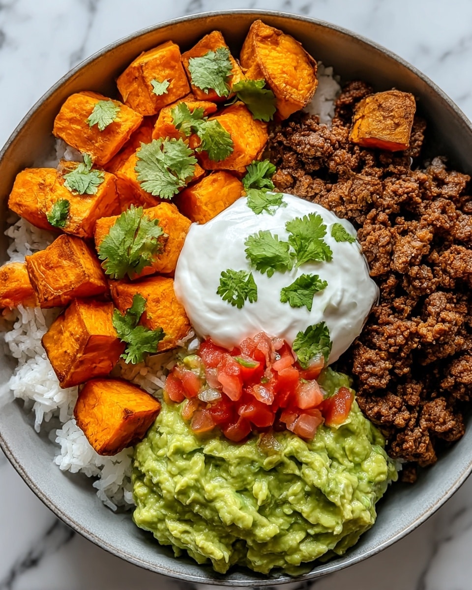 A white bowl holds a colorful layered dish with a base of white rice, topped with four distinct sections. One section has bright orange roasted sweet potato cubes with a slightly crispy texture, garnished with green cilantro leaves. Next to it, there is a layer of brown, finely crumbled cooked ground beef mixed with small diced red tomatoes. In the center is a dollop of white sour cream topped with cilantro leaves. The final section contains chunky green guacamole with visible avocado pieces, also garnished with cilantro. The bowl sits on a white marbled surface. photo taken with an iphone --ar 4:5 --v 7