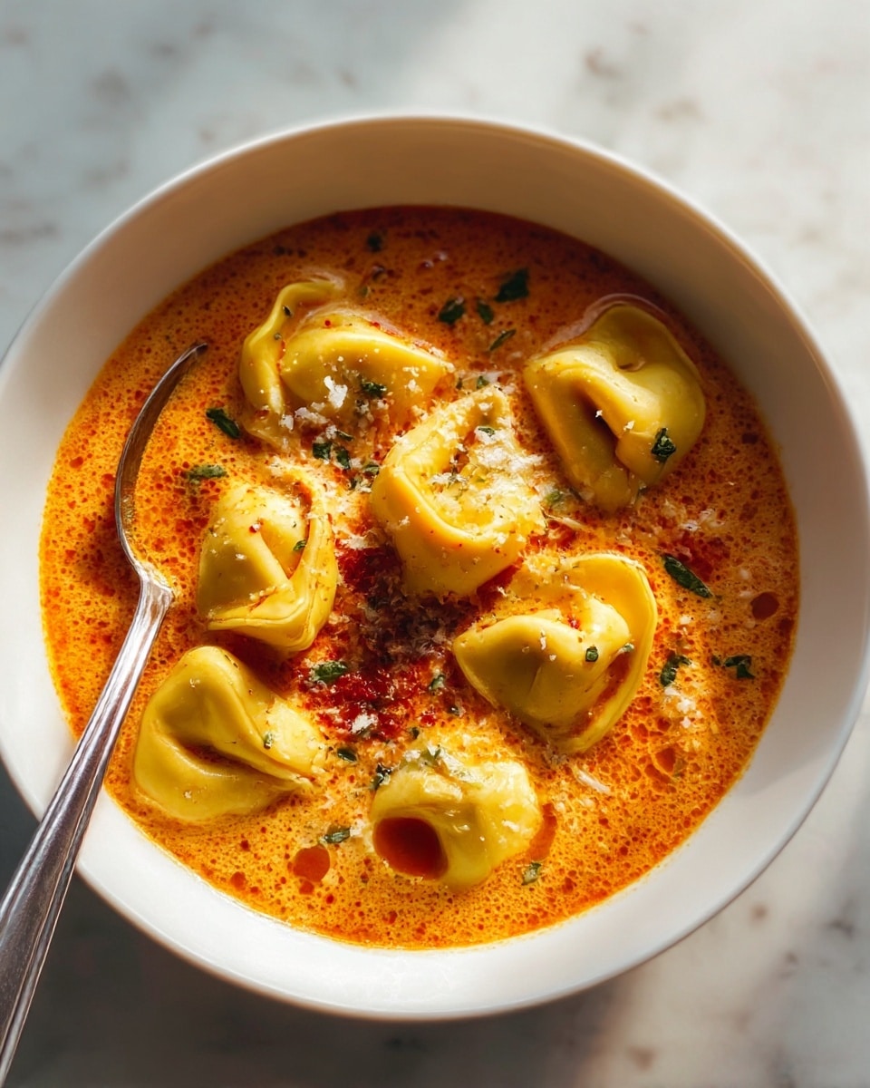 A white bowl filled with tortellini pasta in a creamy orange-red sauce. There are about six tortellinis visible, each yellow with a smooth, slightly glossy texture, floating on top of the thick sauce. The sauce has a rich, slightly frothy surface with red oil streaks. Scattered on top are small green herb bits and some grated white cheese, along with pieces of sun-dried tomatoes. A silver spoon is partially submerged on the left side of the bowl. The bowl sits on a white plate, placed on a white marbled surface. photo taken with an iphone --ar 4:5 --v 7