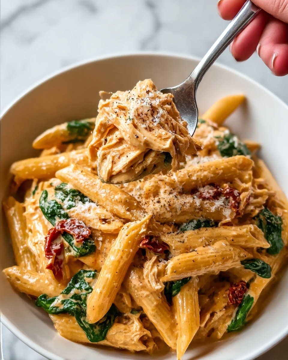 A close-up view of a white bowl filled with creamy pasta mixed with shredded chicken, wilted spinach leaves, and pieces of sun-dried tomatoes. The penne pasta is coated evenly in an orange-colored creamy sauce, with layers of green spinach and bits of red sun-dried tomatoes spread throughout. The shredded chicken appears tender and slightly textured, blending smoothly with the sauce. On top, there is a light sprinkle of grated cheese and black pepper, adding texture and color contrast. A silver spoon scoops a generous bite from the bowl, and a woman's hand holds the spoon from the side. The background shows a white marbled texture. photo taken with an iphone --ar 4:5 --v 7