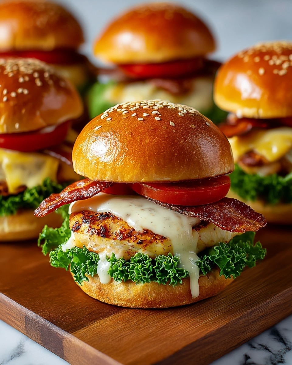 A close-up image of a chicken sandwich showing four layers inside a shiny sesame seed-topped bun. The bottom layer is bright green curly lettuce with ruffled edges, above it is a piece of grilled chicken that is light brown with grill marks and pepper. Melted cheese, colored white and yellow, drapes over the chicken, creating a smooth creamy texture. Above the cheese, there is a slice of red tomato and crispy dark reddish-brown bacon. The sandwich is placed on a wooden board with more sandwiches blurred in the background, and a small glass bowl of white sauce with green herbs rests to the right. The background has a white marbled texture. photo taken with an iphone --ar 4:5 --v 7