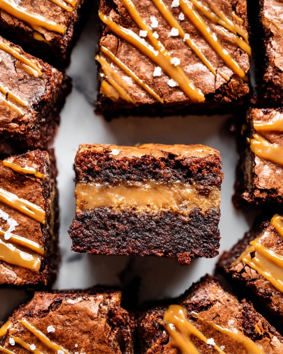 The image shows a close-up of square brownies arranged on a white marbled surface, with one brownie piece lifted in the center revealing three distinct layers: a dark, moist chocolate base, a creamy peanut butter middle layer, and a slightly cracked peanut butter cookie top layer. The top of each brownie is drizzled with a light brown caramel or peanut butter sauce in thin streaks, adding texture and shine. Small flakes of sea salt are scattered over the surface, enhancing the look of the brownies. The edges of the brownie pieces are crisp, while the interior looks soft and gooey. photo taken with an iphone --ar 4:5 --v 7