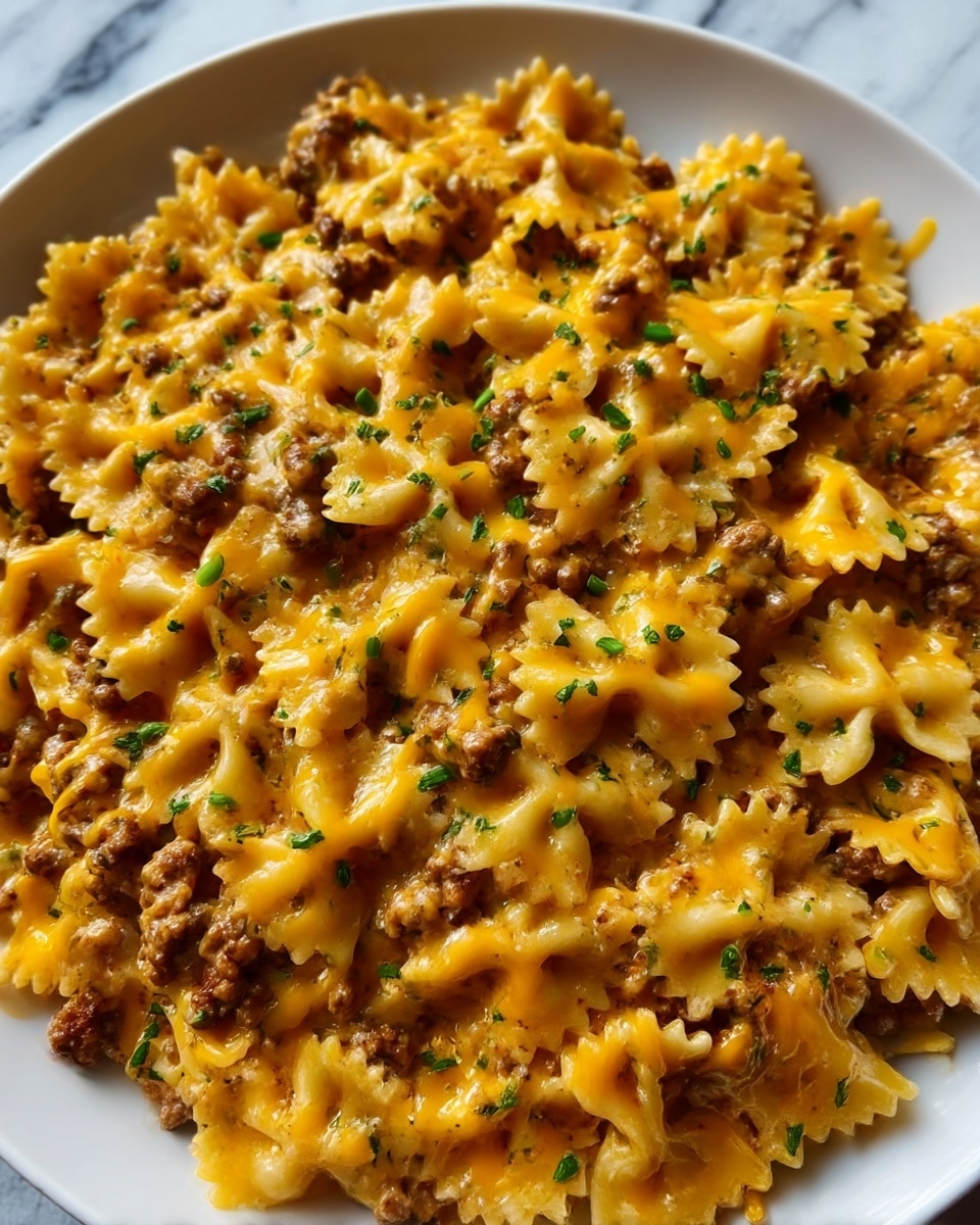 A close-up view of a white plate filled with three layers of creamy baked pasta. The bottom layer shows cooked bowtie pasta in a golden yellow color, lightly coated in cheese sauce. Above that, there is a layer of browned ground beef with small browned bits, spread evenly over the pasta. The top layer consists of melted cheddar and mozzarella cheese, bubbling and golden with some browned spots, sprinkled with chopped fresh green herbs. The texture looks cheesy and creamy with a slight crispy crust on top. The entire dish is on a white marbled surface. Photo taken with an iphone --ar 4:5 --v 7