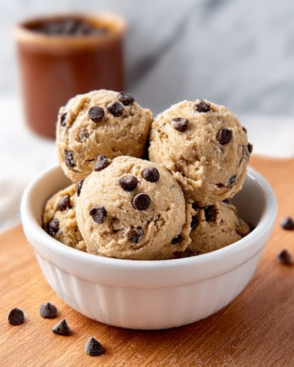 The image shows three scoops of light brown cookie dough with small chocolate chips mixed in and more chocolate chips sprinkled on top, all placed neatly inside a white ribbed bowl. The bowl sits on a light wooden board, with a soft white marbled surface in the background. The cookie dough looks creamy and thick, with a slightly rough texture. Photo taken with an iphone --ar 4:5 --v 7