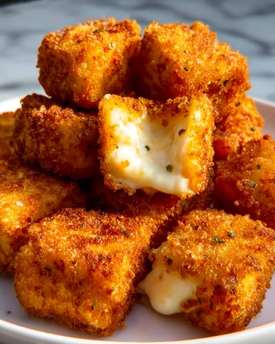 A close-up view of several golden-brown, crispy fried cheese cubes stacked slightly on a white plate. Each cube has a rough, crunchy outer coating with visible small herbs or seasoning specks. One cube near the center is broken open, showing gooey, melted white cheese stretching slightly, adding a creamy texture contrast. The background features a white marbled surface, emphasizing the warm tones of the fried cheese. photo taken with an iphone --ar 4:5 --v 7