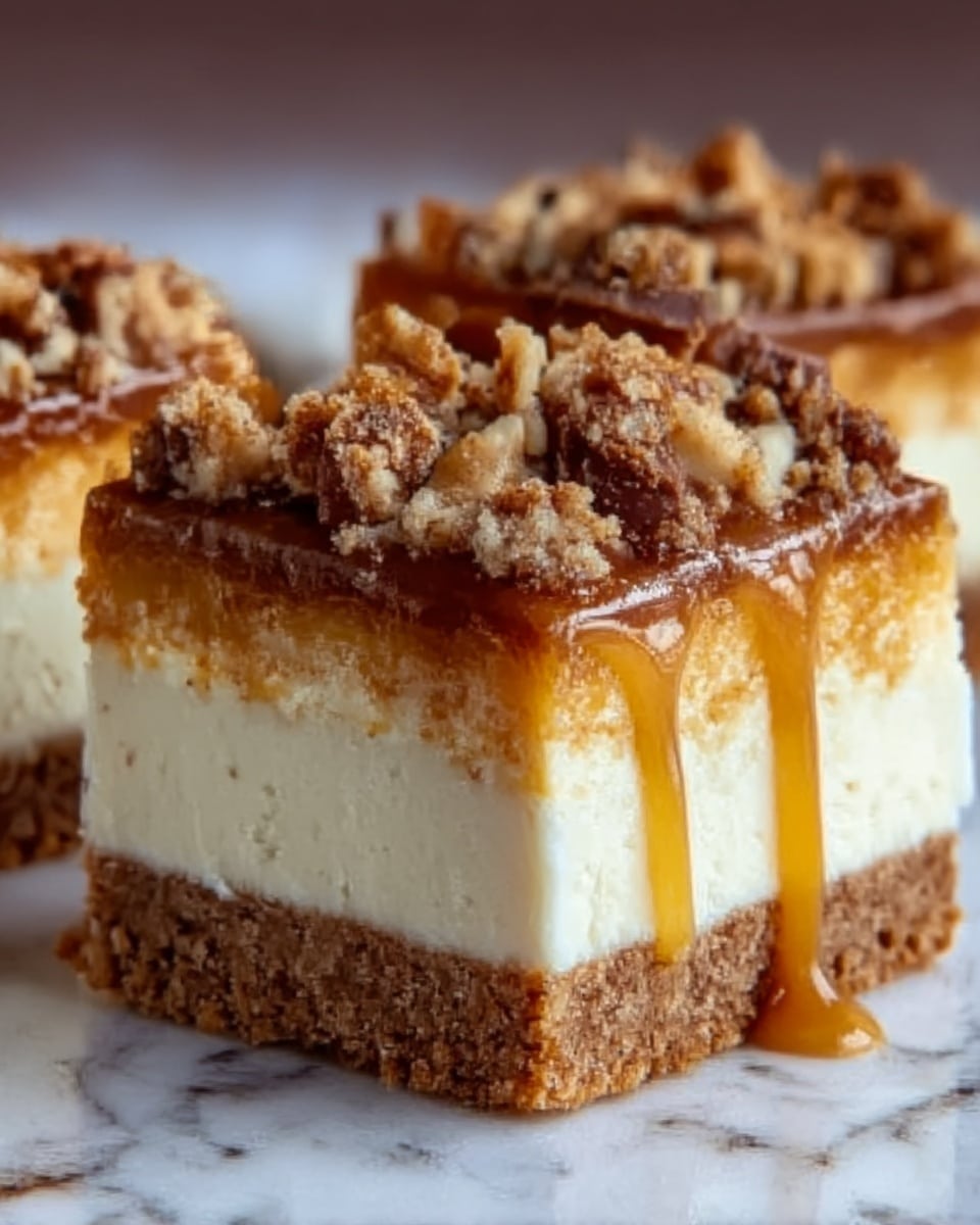 The image shows two square dessert pieces with four clear layers on a white marbled surface. The bottom layer is a thick, crumbly brown crust. Above that is a smooth, creamy white cheese layer. On top of this is a shiny, sticky caramel layer that slightly drips down the sides. The top layer is a crumbly mix of brown crumbs and small chunks of a lighter brown treat. The dessert looks rich and textured. Photo taken with an iphone --ar 4:5 --v 7