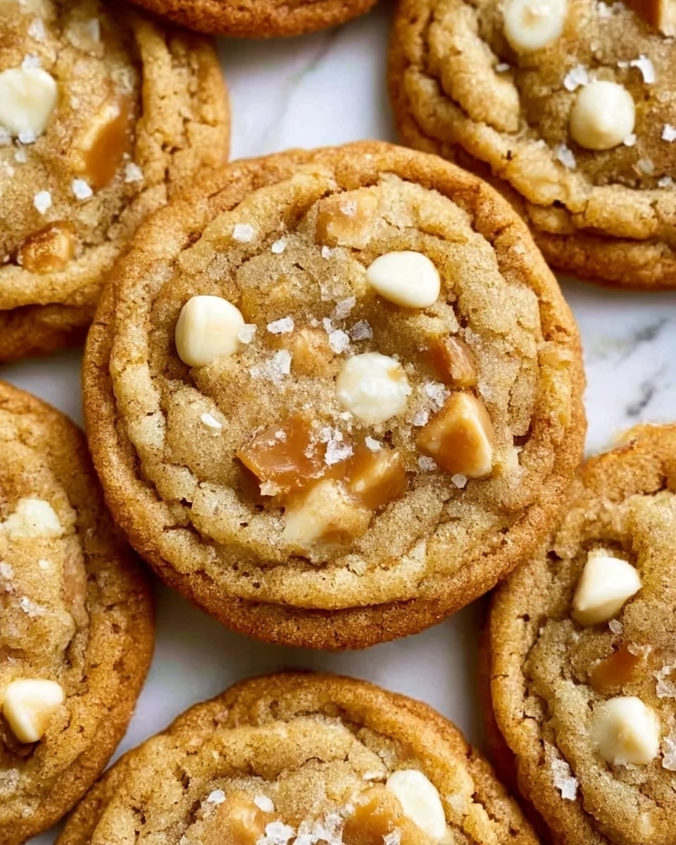 A close-up image of a single cookie sits on a white marbled surface, surrounded by other similar cookies slightly blurred in the background. The cookie appears soft and thick, about one layer, round in shape with a golden-brown color and a slightly rough texture with visible cracks. It has several white chips or morsels melted slightly into the surface, and a sprinkle of coarse salt crystals adds texture and contrast. The lighting highlights the cookie's warm, chewy look with shadows that show its thickness. Photo taken with an iphone --ar 4:5 --v 7