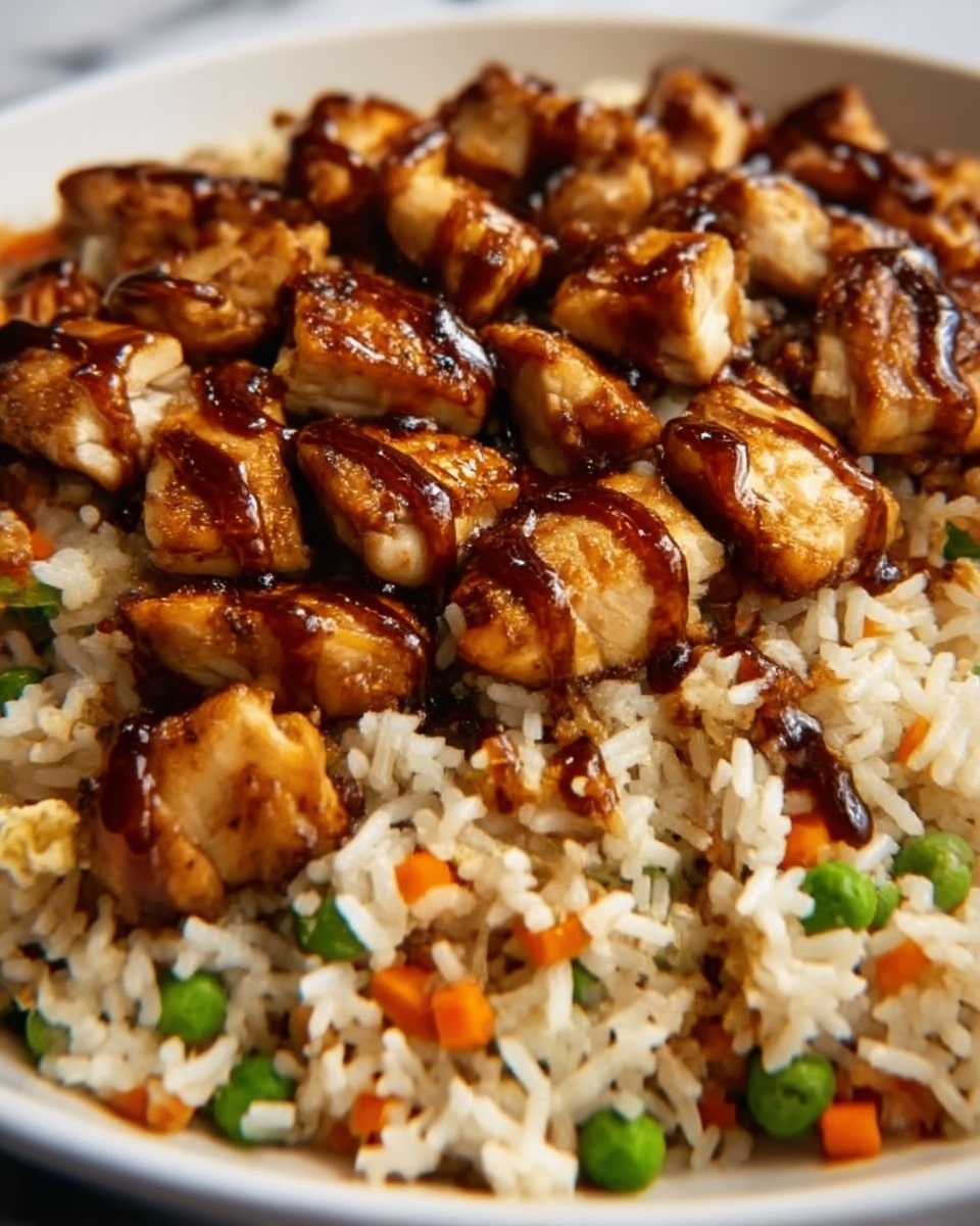 A close-up view of a dish with a base layer of cooked white rice mixed with small pieces of orange carrots and green peas. On top, there are several uneven chunks of glazed grilled chicken, coated with a shiny brown sauce that looks thick and sticky. The rice has a slightly fluffy texture, while the chicken pieces are caramelized with a rich, glossy finish. The dish is set on a white plate over a white marbled surface. Photo taken with an iphone --ar 4:5 --v 7