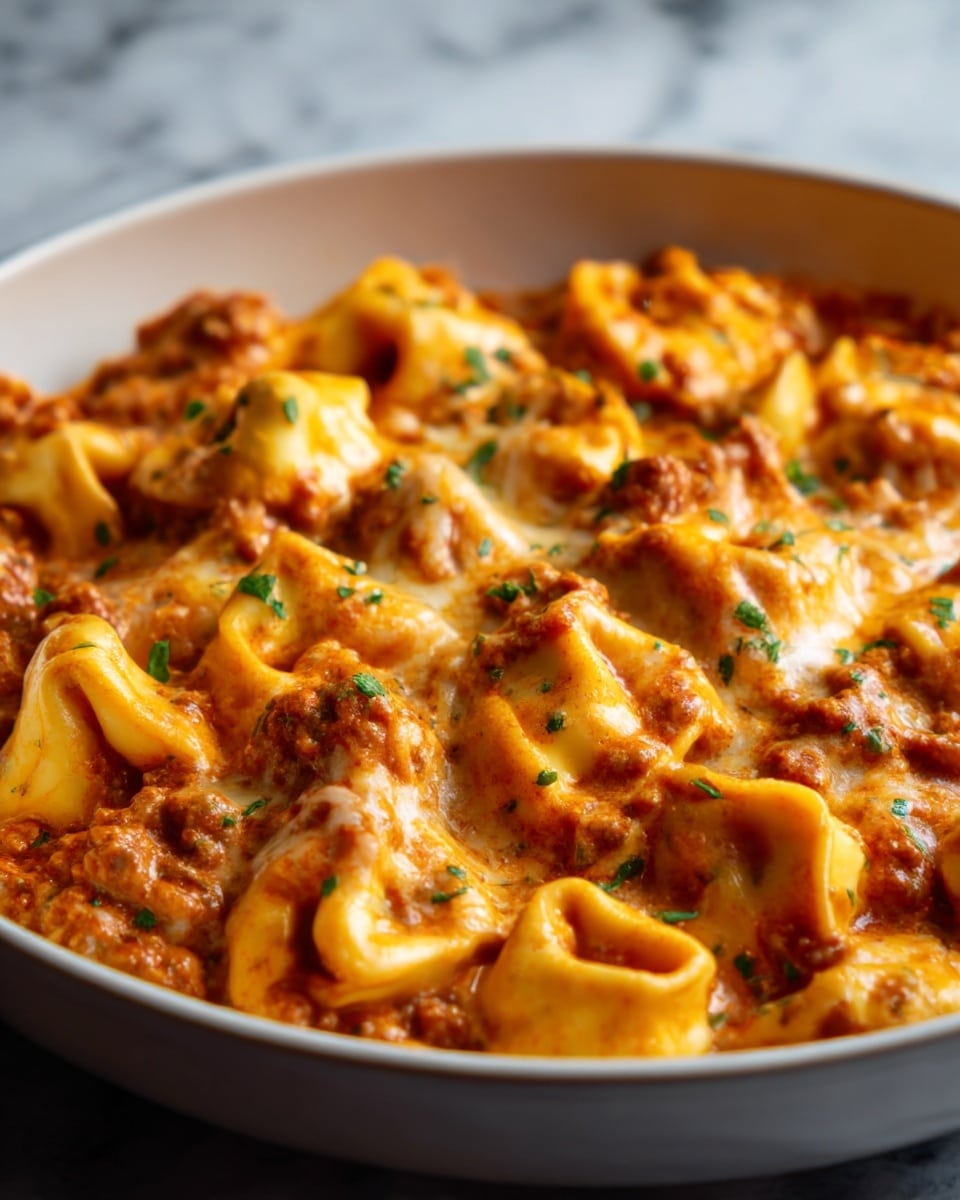 A close-up view of a round white dish filled with creamy tortellini pasta in a rich tomato and meat sauce. The tortellini pieces are golden yellow, covered generously by the thick red-brown sauce with visible bits of ground meat. Small green herb bits are sprinkled over the top, adding a touch of color. The surface of the sauce has a slightly glossy texture with melted cheese blending in. The dish is set against a white marbled background. Photo taken with an iphone --ar 4:5 --v 7