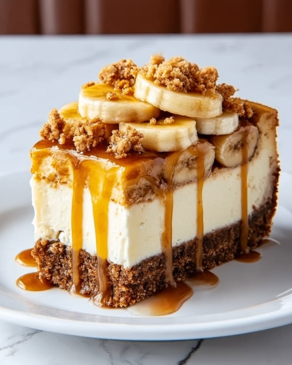 A slice of rich cheesecake with a thick, crumbly brown crust at the bottom, topped with a creamy white cheesecake layer. Above this is a layer of sliced bananas arranged neatly, covered with a smooth drizzle of shiny caramel sauce that flows down the sides. The top is finished with a sprinkling of crunchy brown crumbs. The slice is placed on a white plate, sitting on a white marbled surface. photo taken with an iphone --ar 4:5 --v 7