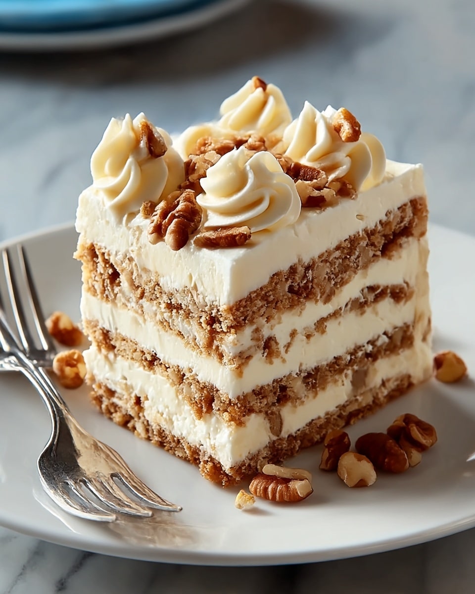 A square piece of layered dessert sits on a white plate with a fork beside it. The dessert has four layers of light brown crumbly cake and three thick layers of smooth white cream in between. The top is covered with swirled white cream and sprinkled with large pieces of chopped brown nuts. The plate is placed on a white marbled surface. photo taken with an iphone --ar 4:5 --v 7