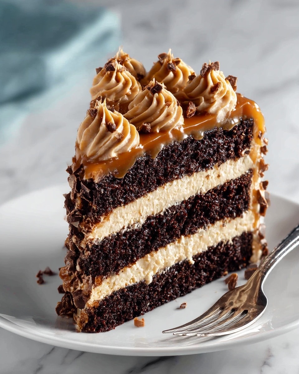 A tall slice of layered chocolate cake on a white plate shows three dark, moist chocolate cake layers, each separated by creamy, light caramel frosting with caramel drizzles. The top layer is coated with a smooth caramel glaze, decorated with seven swirls of caramel frosting sprinkled with chopped nuts and chocolate pieces. The sides of the cake are covered with a mix of creamy frosting, caramel drizzle, and crunchy chocolate and nut bits. A silver fork rests on the plate beside the cake on a white marbled surface. photo taken with an iphone --ar 4:5 --v 7