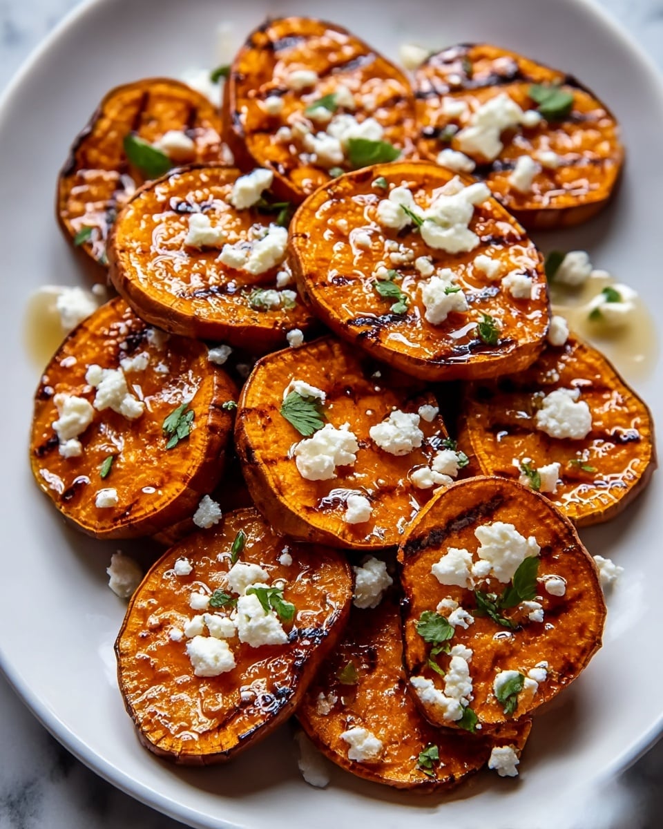 This image shows a close-up of roasted sweet potato slices arranged in a layered pile on a white plate with a white marbled texture beneath. The sweet potato slices are golden orange with dark caramelized spots from roasting. On top of the slices, white crumbles of cheese are scattered along with small green herb pieces, adding color contrast. The slices have a shiny glaze, making them look juicy and tender. The overall look is warm and appetizing. photo taken with an iphone --ar 4:5 --v 7