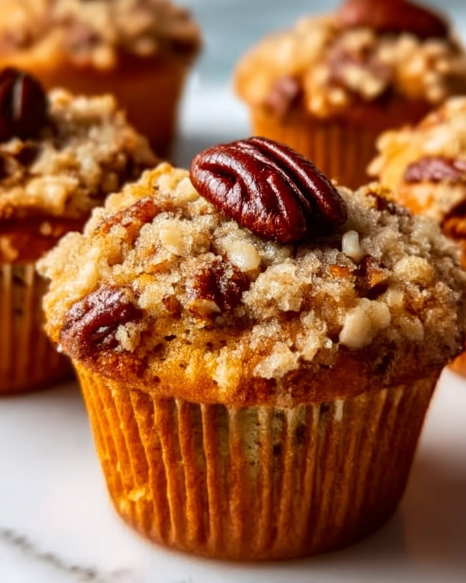 The image shows a close-up view of a muffin with three main layers. The base is a golden brown muffin with a slightly rough texture. On top, there is a crumbly, golden streusel layer mixed with small bits of nuts, adding a crunchy look. The topmost layer is a large, shiny, dark brown pecan half placed in the center, with smaller pecan pieces scattered around. The background is a white marbled surface, and the photo has soft lighting highlighting the textures. photo taken with an iphone --ar 4:5 --v 7
