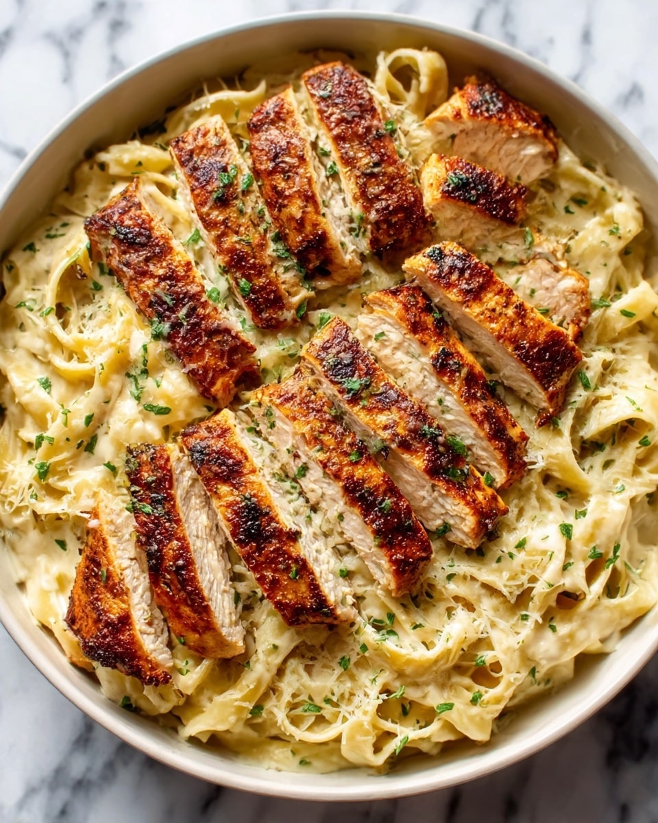 The image shows a white bowl filled with creamy fettuccine pasta, topped with four sliced pieces of grilled chicken breast. The chicken has a crispy, golden-brown crust with visible grill marks and is sprinkled with green herbs. The creamy pasta beneath looks rich and smooth, with a light off-white color, and the chicken slices are arranged evenly across the top, creating a layered effect. The bowl sits on a white marbled surface. Photo taken with an iphone --ar 4:5 --v 7