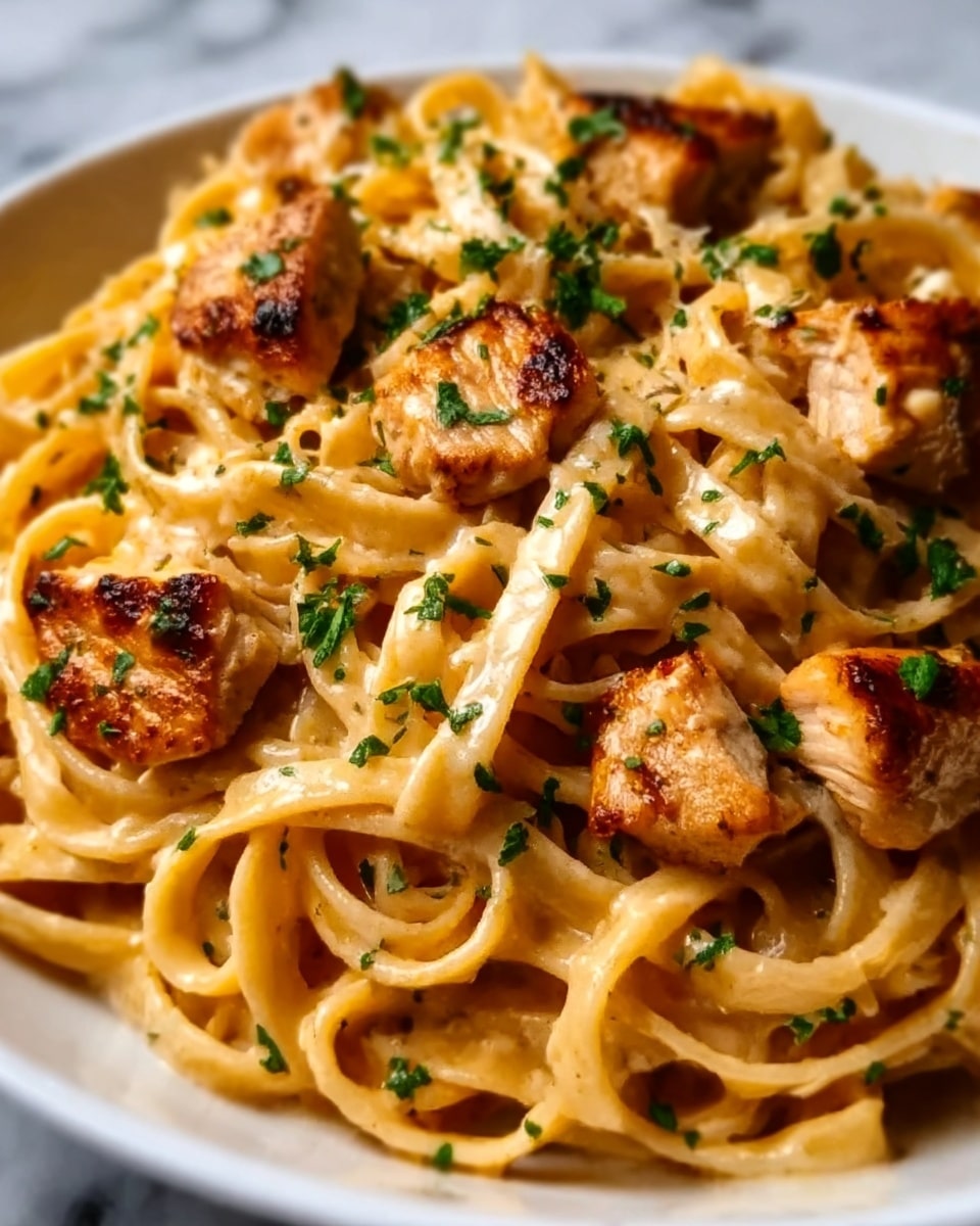 The image shows a close-up of a pasta dish in a white plate with layers of creamy, light-colored fettuccine noodles at the bottom. On top of the noodles are pieces of golden-brown grilled chicken, slightly crispy on the edges with a juicy texture. The dish is garnished with small green parsley leaves scattered evenly over the top, adding a fresh contrast to the warm colors of the pasta and chicken. The creamy sauce lightly coats the noodles, giving them a smooth and shiny appearance. The background is a white marbled texture. Photo taken with an iphone --ar 4:5 --v 7