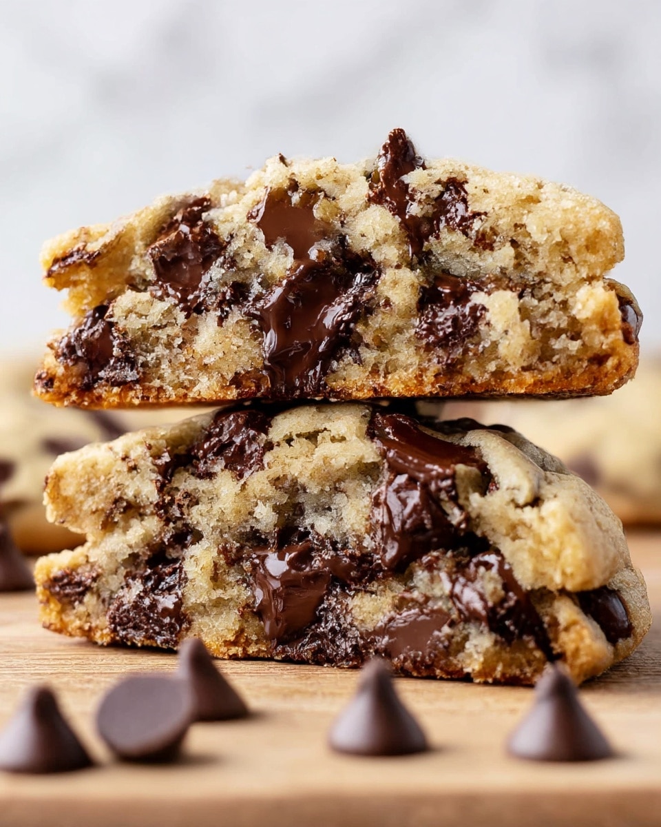 The image shows a close-up of two thick chocolate chip cookie halves stacked on each other on a wooden surface with a white marbled background. The cookies have a soft, crumbly texture with a light golden color and are packed full of large, melted dark chocolate chips, some of which glisten slightly. The top cookie half has a more crumbly edge, while the bottom one looks soft and dense with visible chocolate chips scattered throughout. A few loose chocolate chips are placed around the cookies, enhancing the rich, gooey feel of the dessert. photo taken with an iphone --ar 4:5 --v 7