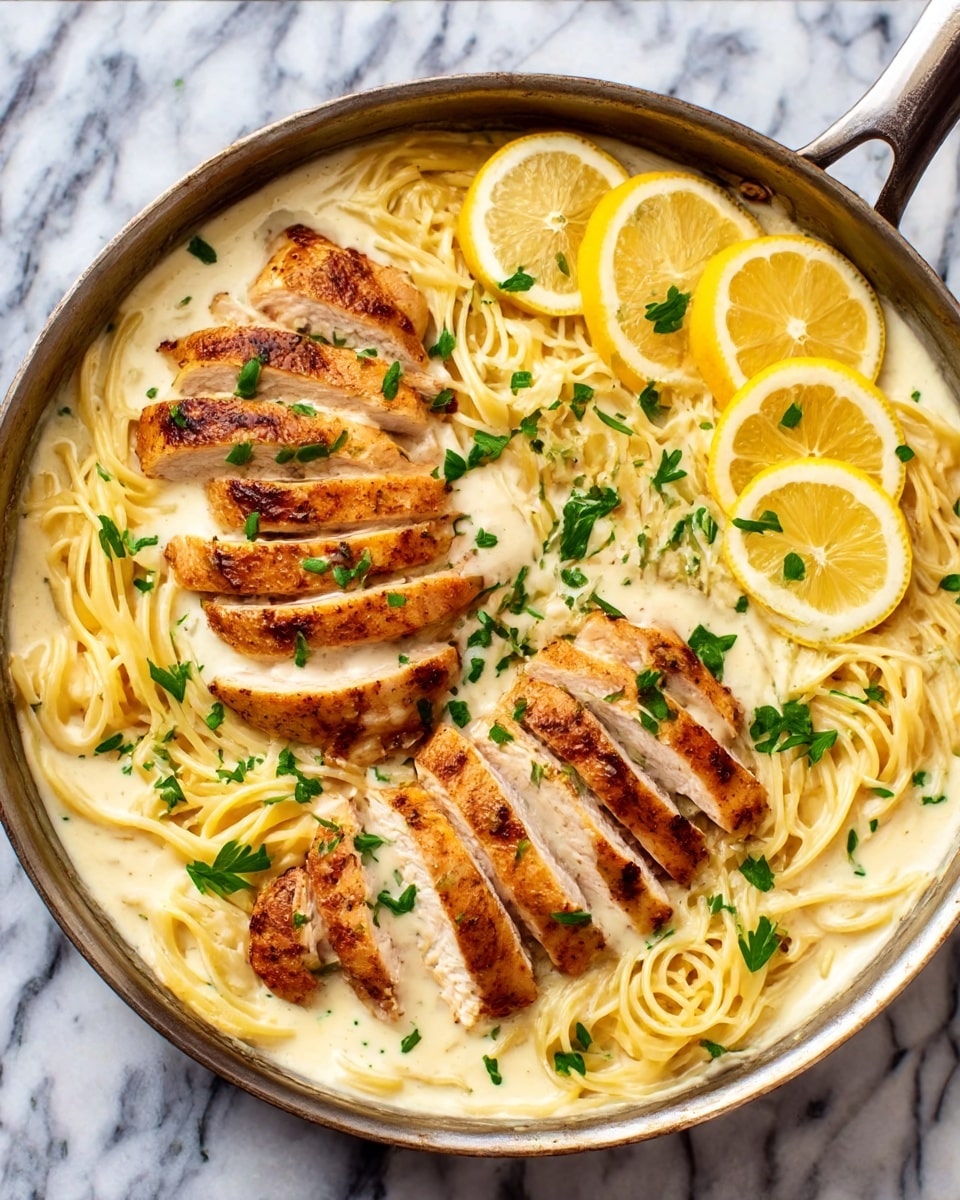 The image shows a skillet filled with creamy pasta topped with sliced grilled chicken breast. The bottom layer is creamy white sauce with visible smooth texture, covering the base. Sitting on the sauce is a bed of spaghetti pasta, light yellow in color, twisted slightly and mixed into the sauce, creating a soft textured middle layer. On top of the pasta are pieces of grilled chicken, golden brown on the outside with grill marks and sliced into thick, even strips. Garnishing the dish are thin lemon slices arranged on one side and small green parsley leaves scattered across the top, adding color contrast. The skillet is placed on a white marbled surface. Photo taken with an iphone --ar 4:5 --v 7
