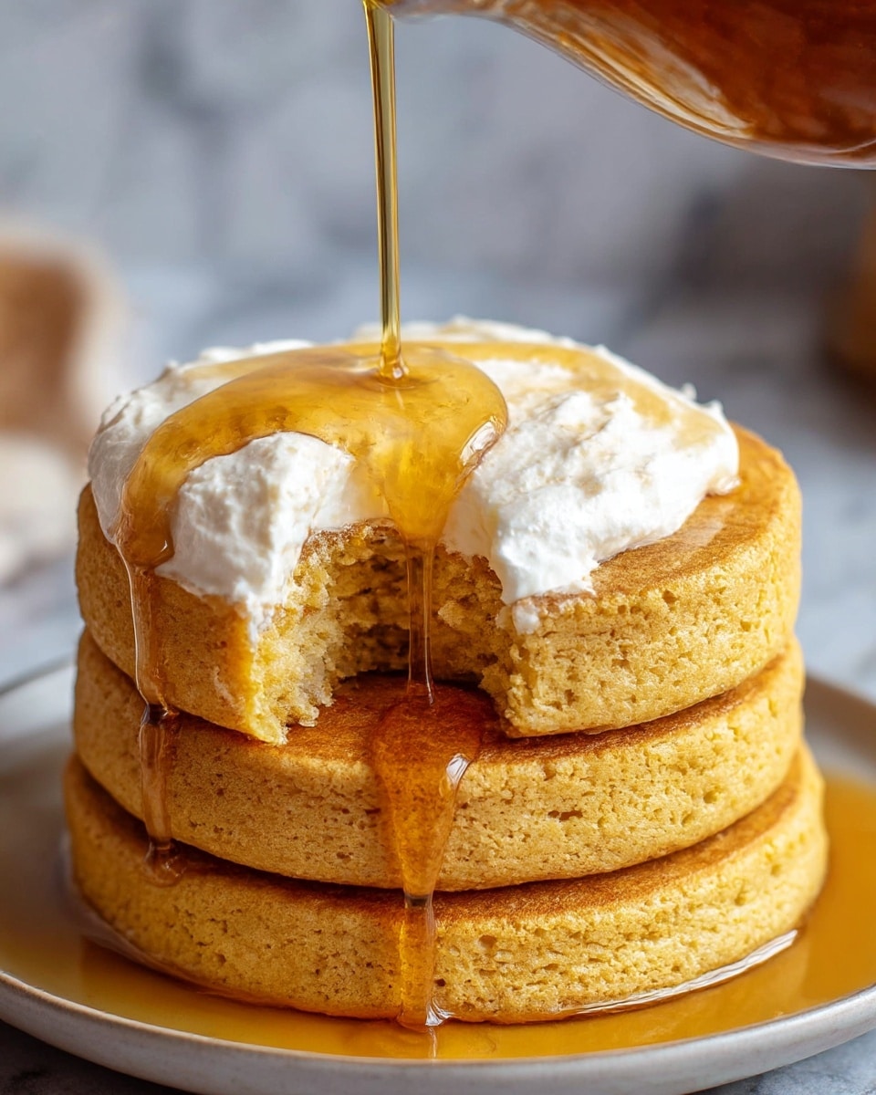 The image shows a close-up of a stack of three thick, golden-brown pancakes with a slightly coarse texture, placed on a white plate. The top pancake is spread with a thick layer of white cream, and a piece is cut out, showing the soft, crumbly inside. Golden syrup is being poured over the top, flowing down the sides of the pancakes and cream, creating shiny, sticky drips. The background is softly blurred with a white marbled surface underneath. photo taken with an iphone --ar 4:5 --v 7