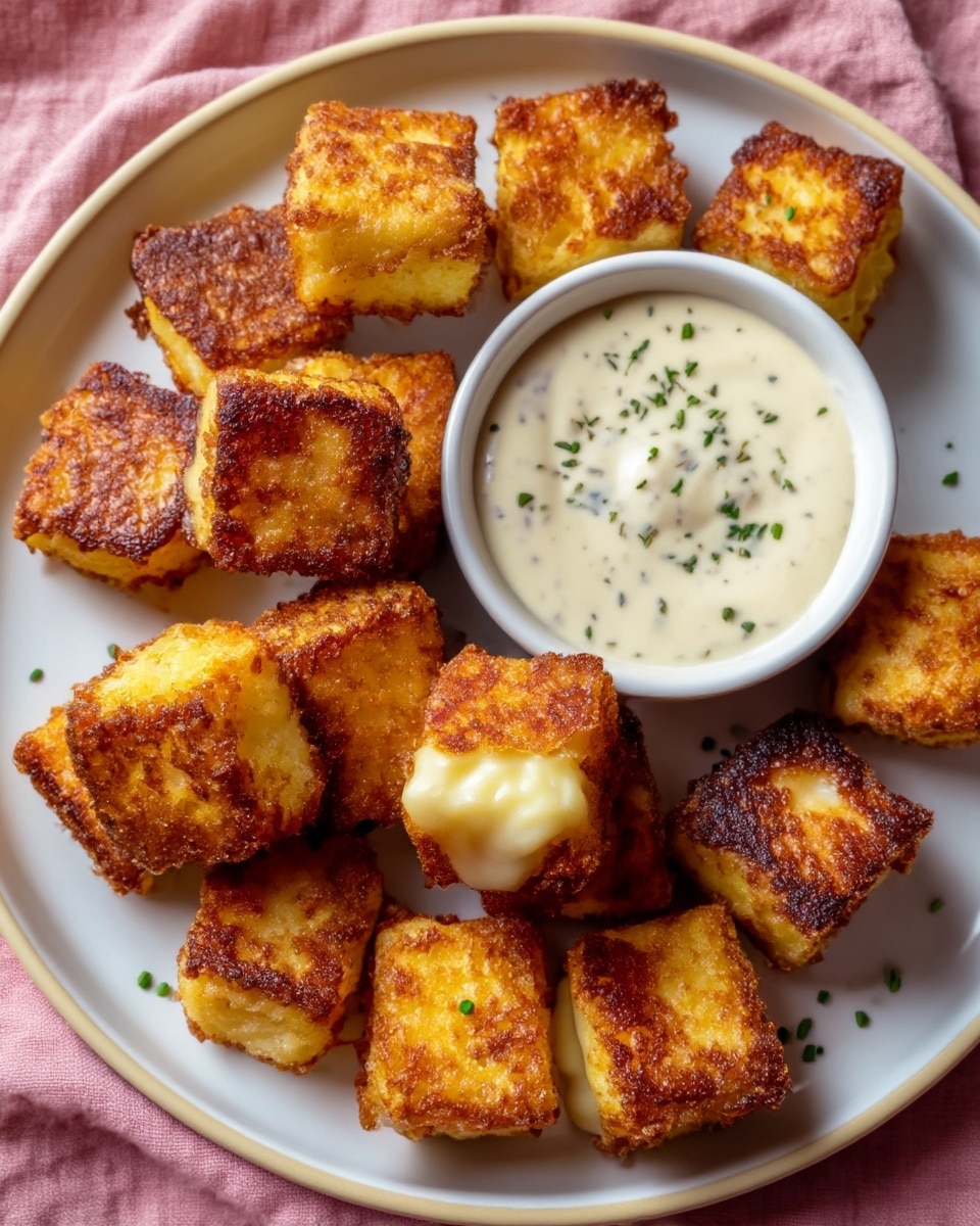 A white plate with small, golden brown, crispy cubes of fried cheese arranged neatly around a small white bowl of creamy white dipping sauce sprinkled with green herbs sits on a pink cloth. The cheese cubes have a textured, crunchy outer layer with some browned edges and a soft, melted inside visible in a few pieces. Small green herb bits are scattered lightly both on the cheese cubes and on the plate. Photo taken with an iphone --ar 4:5 --v 7