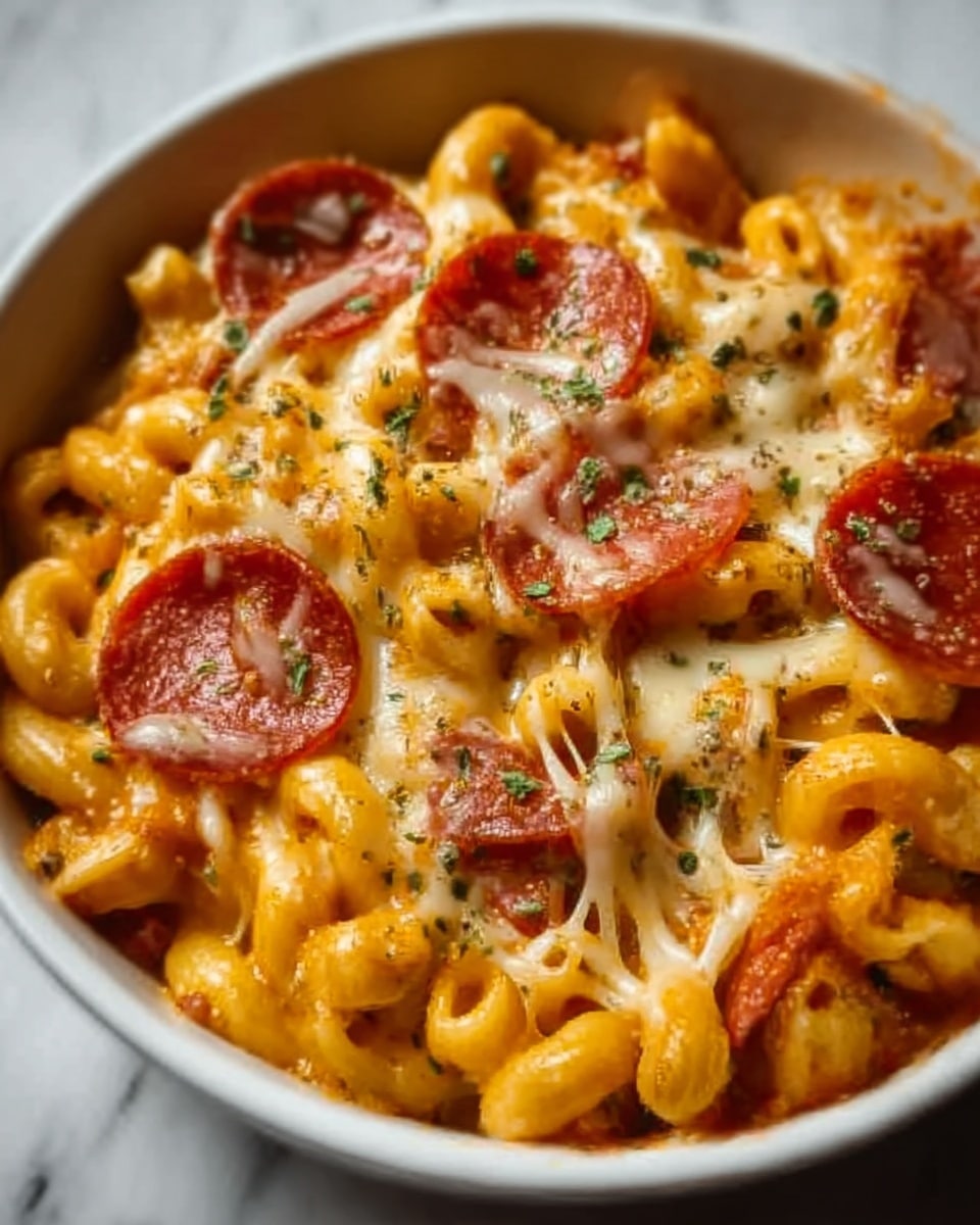 The image shows a close-up of a bowl filled with creamy macaroni pasta mixed with melted cheese that is slightly browned on top, and slices of pepperoni scattered throughout. The pasta is coated in a rich, orange cheese sauce with some herbs sprinkled over it, adding small green specks. The bowl is white and sits on a white marbled surface, enhancing the warm colors of the dish. The cheese looks gooey and stretchy, covering the pasta and pepperoni evenly, giving a rich and comforting appearance. photo taken with an iphone --ar 4:5 --v 7