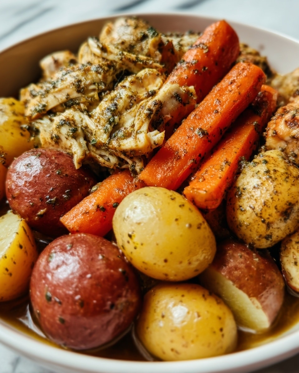 The image shows a close-up of a cooked chicken dish with several layers of ingredients. On the bottom layer, there are small whole red and yellow potatoes with a slightly shiny texture. On top of the potatoes, there are thick carrot sticks, cooked and soft with a bright orange color. The top layer features shredded pieces of juicy chicken coated in herbs and spices, giving it a speckled green and black look. The food is placed in a deep white bowl listed on a white marbled surface. The overall colors are warm and earthy, with a mix of yellow, orange, red, and green. photo taken with an iphone --ar 4:5 --v 7