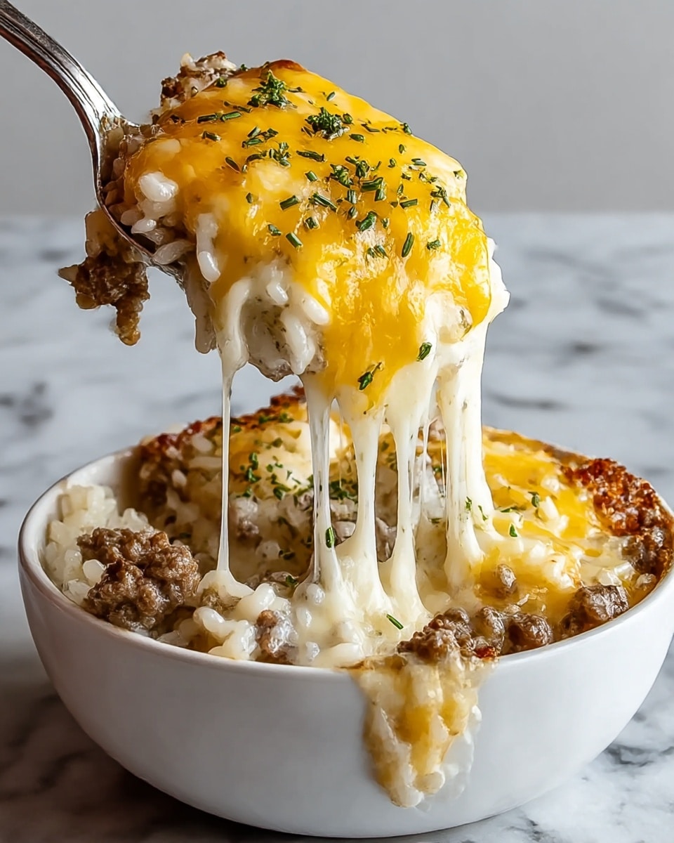 This image shows a white bowl filled with a baked dish consisting of three layers. The bottom layer is a creamy white rice mixed with pieces of cooked ground meat. The middle layer is thick melted white cheese stretching from the bowl to a spoon that lifts the food up. The top layer is melted bright yellow cheese sprinkled with small bits of chopped green herbs. The bowl sits on a white marbled surface, and the image focuses closely on the dish to show the gooey texture of the cheese and the mix of rice and meat. Photo taken with an iphone --ar 4:5 --v 7