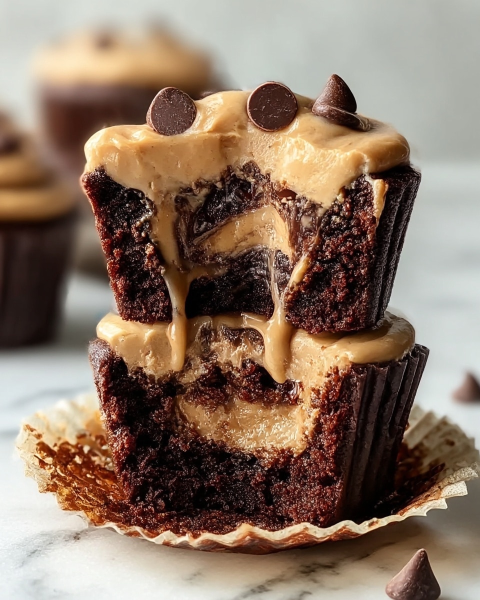 The image shows a close-up of a rich chocolate cupcake with two layers. The bottom layer is a dark, moist chocolate cake with a slightly crumbly texture. On top of this is a thick layer of creamy, light brown peanut butter frosting that slowly drips down the sides. The top layer is another smaller cupcake cut in half, revealing swirls of chocolate and peanut butter inside with visible chocolate chips embedded in the frosting and cake. The cupcake is placed on a white marbled surface. Photo taken with an iphone --ar 4:5 --v 7