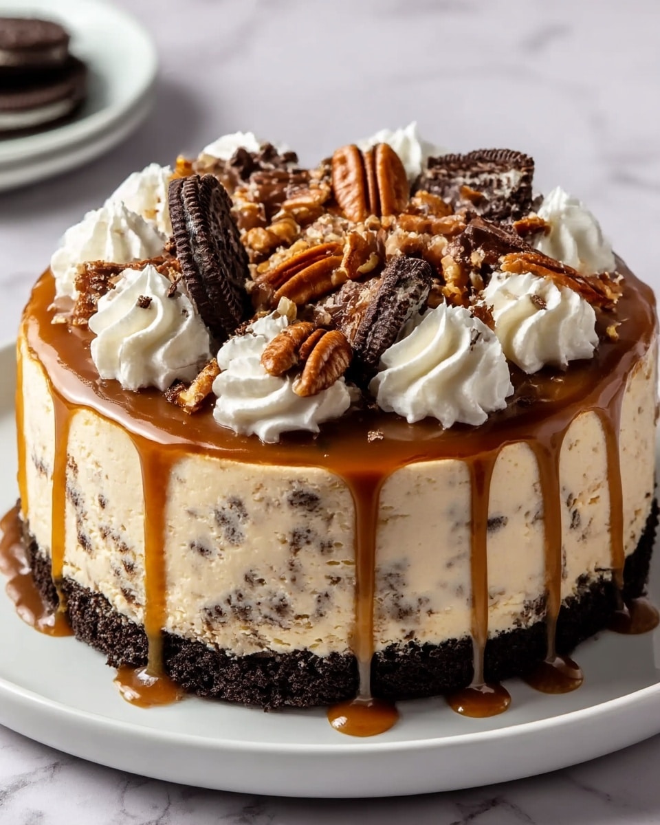 A round cheesecake with three clear layers sits on a white plate over a white marbled surface. The bottom layer is dark and crumbly, likely made of crushed cookies. The middle layer is creamy beige with specks of dark cookies mixed inside. The top layer is a glossy caramel sauce that drips down the sides. On top, there are swirls of white whipped cream evenly spaced around the edge. The center is decorated with broken pieces of dark chocolate cookies and glossy brown pecans, with small chocolate shavings scattered over everything. Photo taken with an iphone --ar 4:5 --v 7